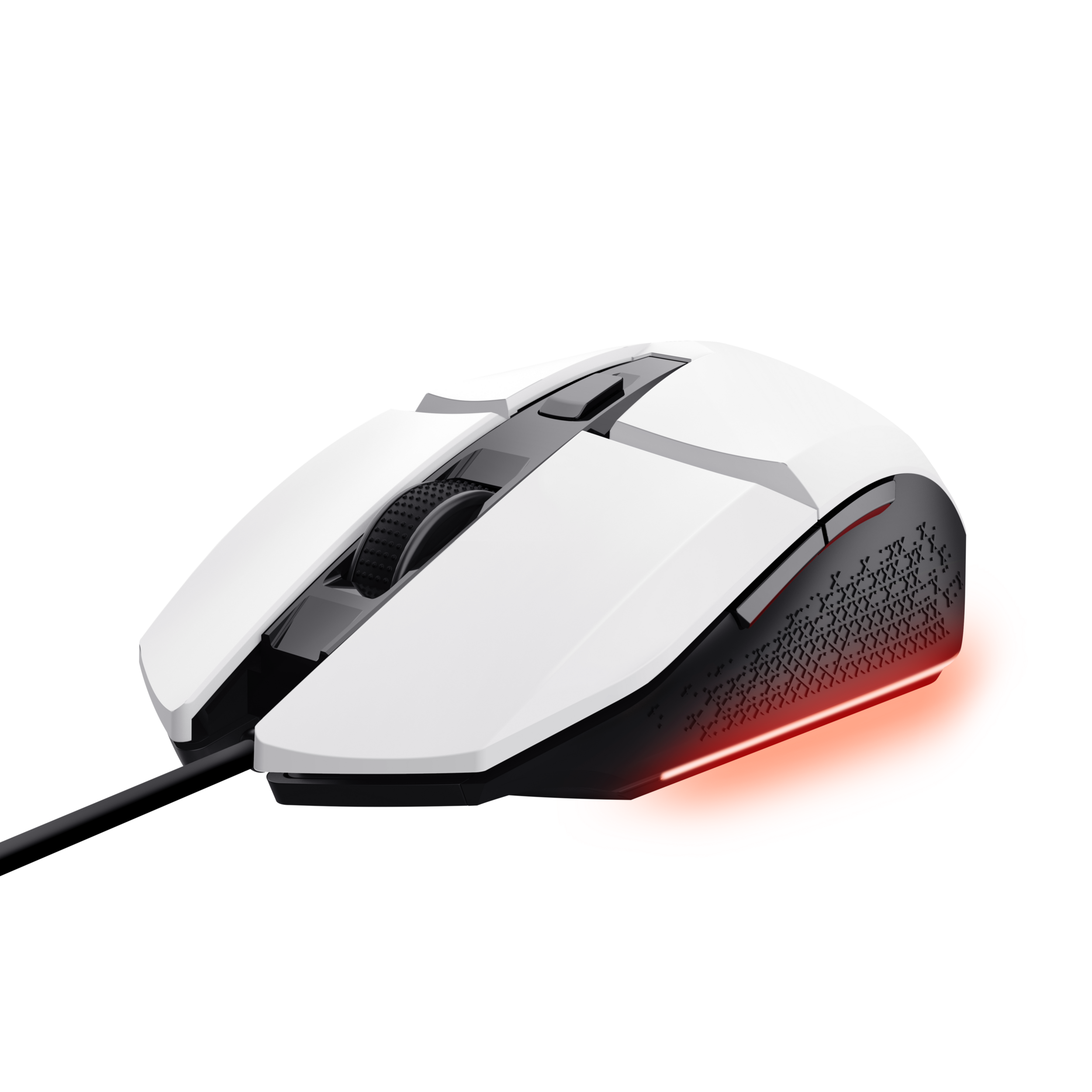 Biała mysz do gier. Mysz ma czarną podstawę z czerwonym światłem. Tło jest czarne.