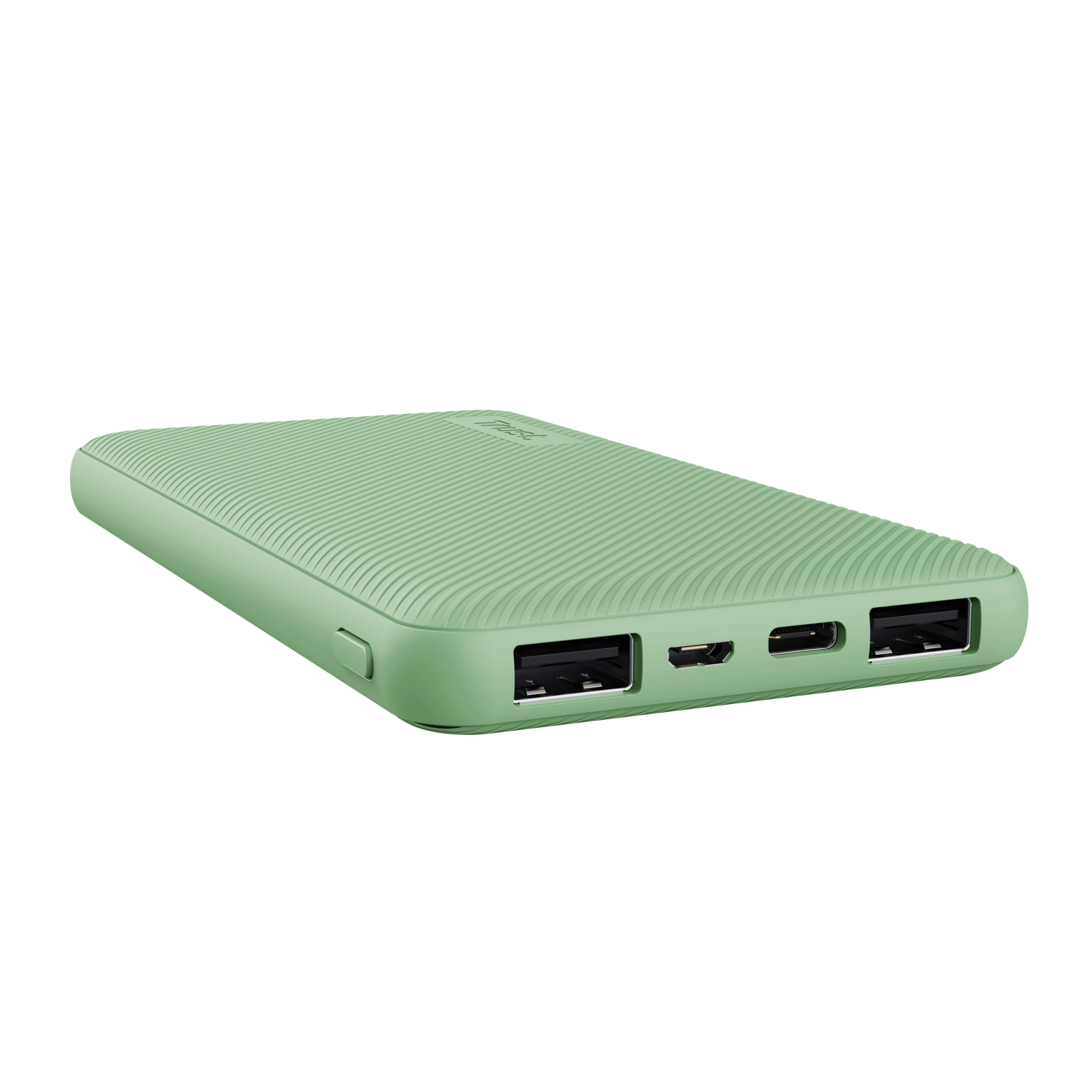 Groene powerbank met twee USB-poorten en een USB-C-poort. Zwarte achtergrond.