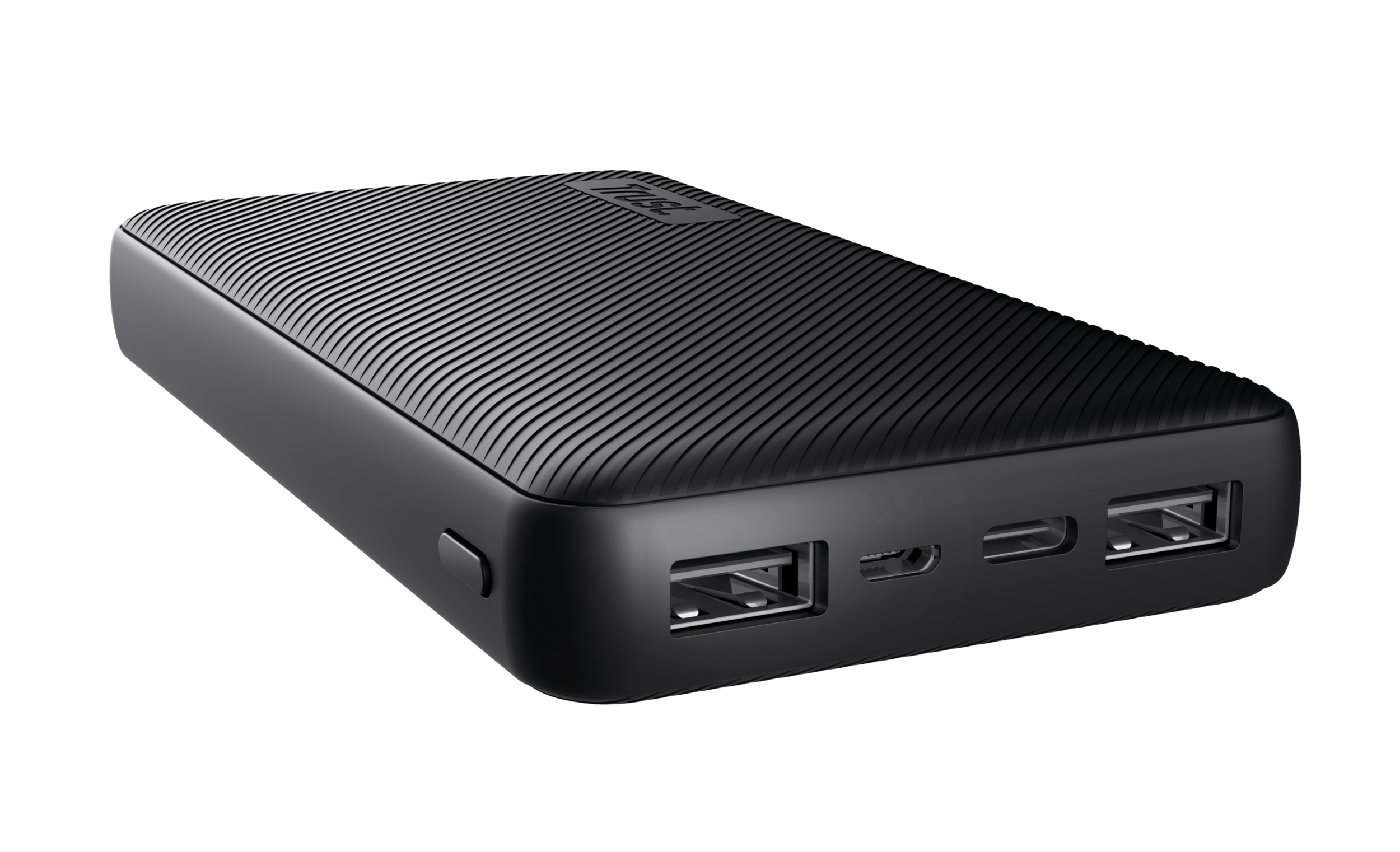 Czarny power bank z teksturowaną górą i portami USB. Widoczna marka 'Trust'.
