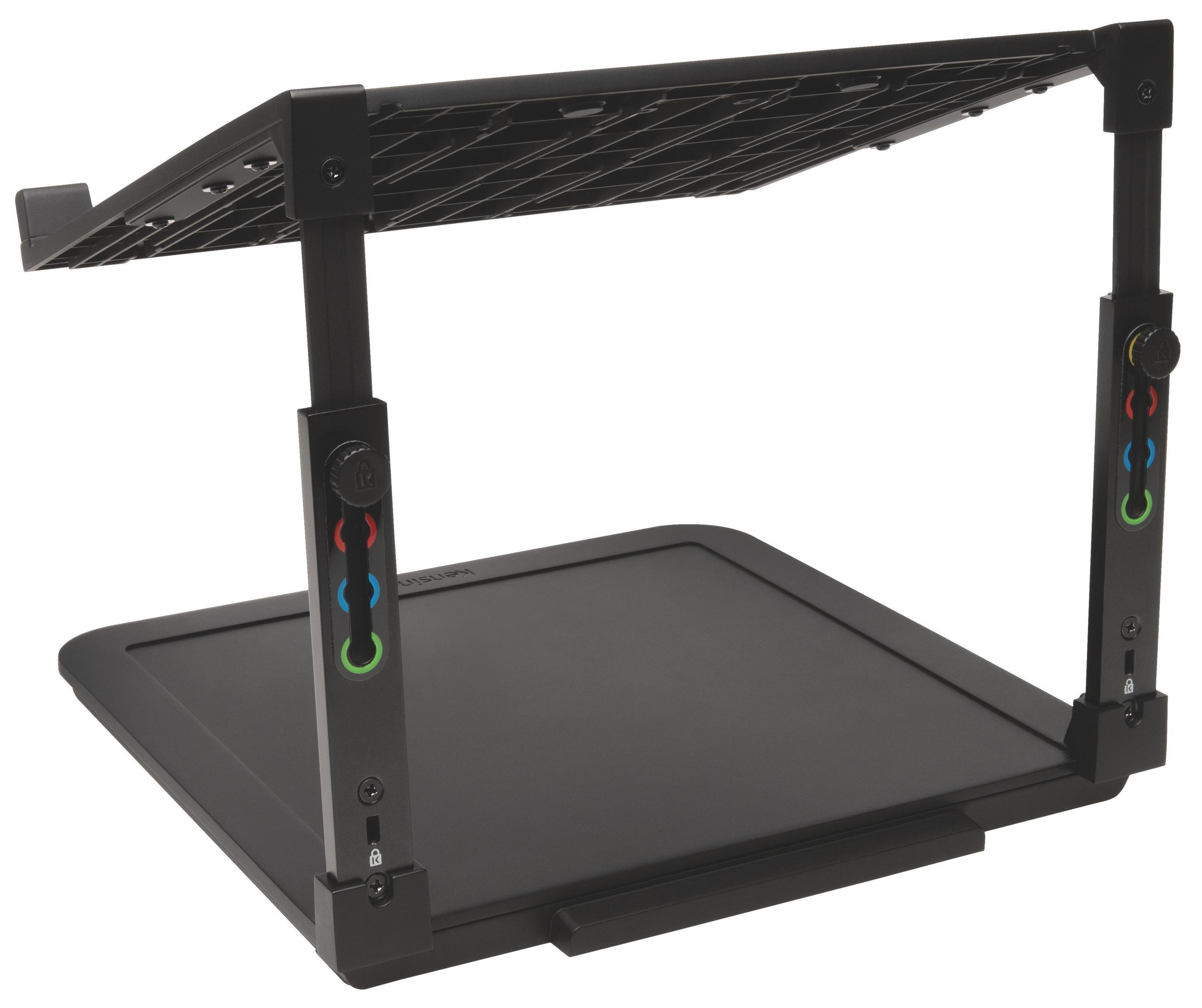 Ein schwarzer Laptop-Ständer. Er hat eine verstellbare Oberseite, zwei Seitenstützen und eine Basis. Farbcodierte Einstellpunkte sind sichtbar.