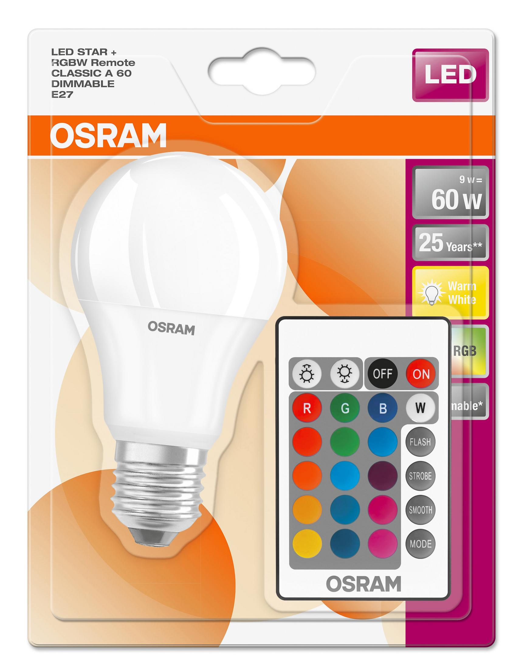 Ampoule LED dans un emballage avec une télécommande. L'emballage présente la marque et les détails de la lumière.
