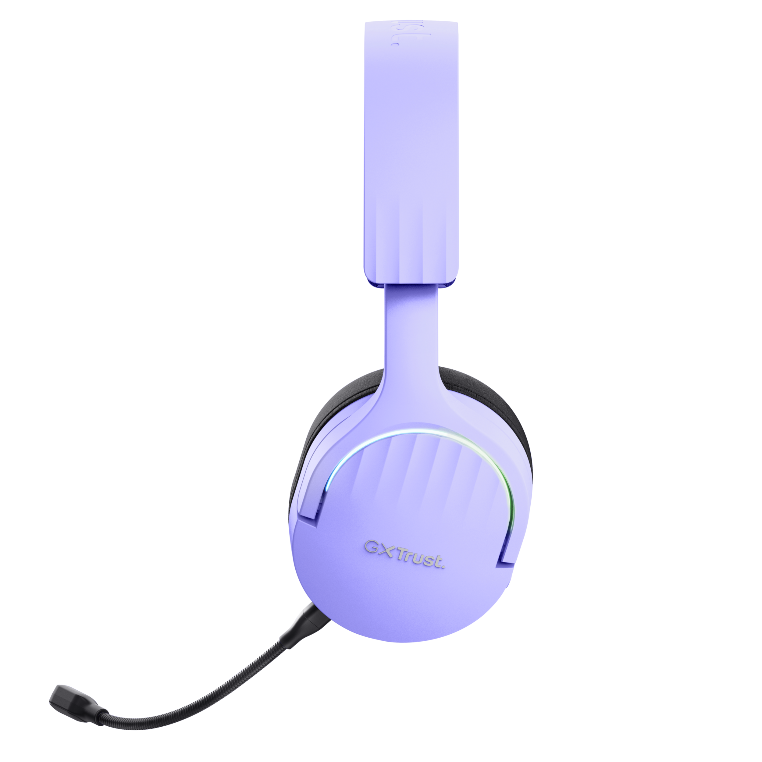 Fioletowe słuchawki gamingowe Trust z mikrofonem. Słuchawki są skierowane w stronę kamery.