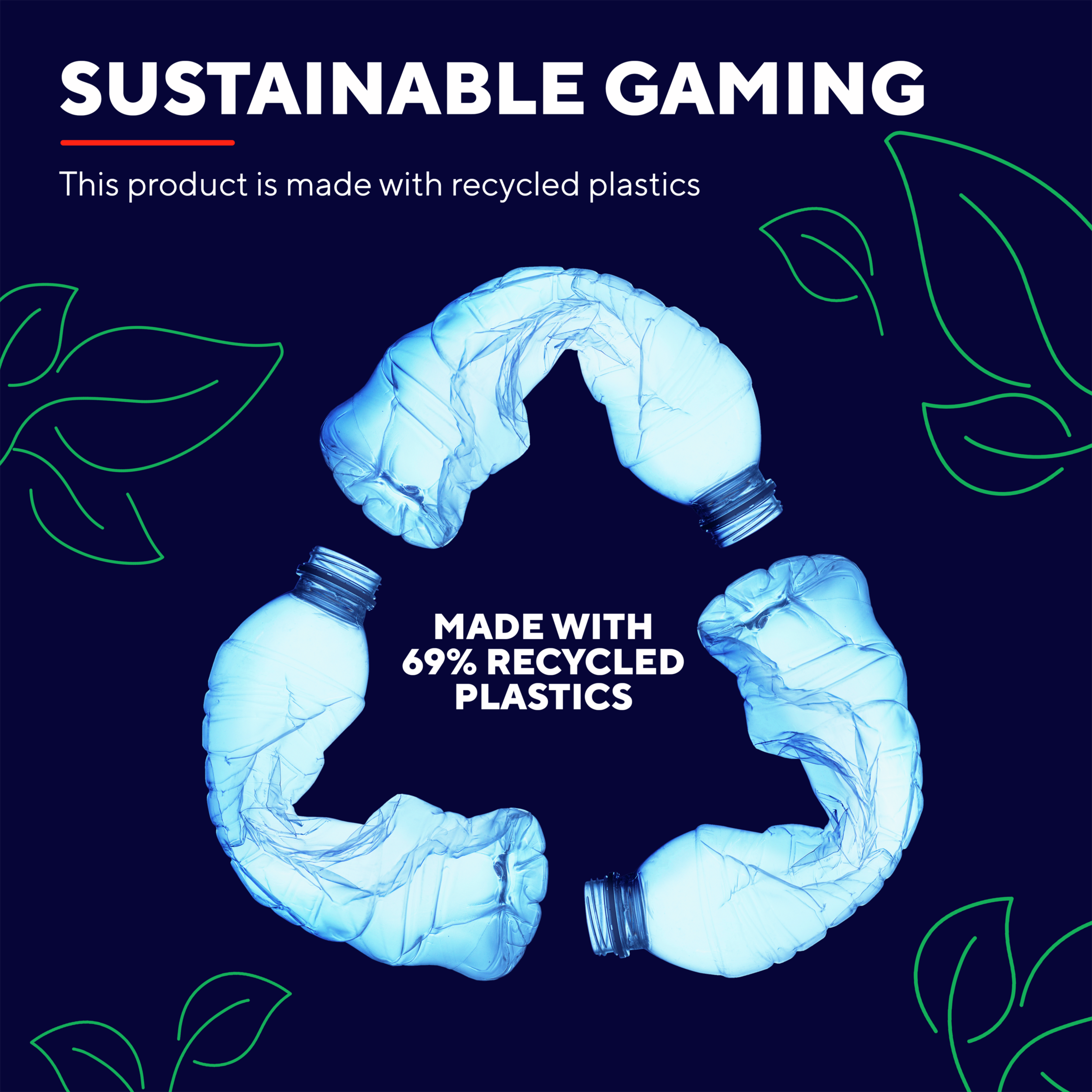Bild mit recycelten Plastikflaschen, die ein Recycling-Symbol bilden. Text enthalten.