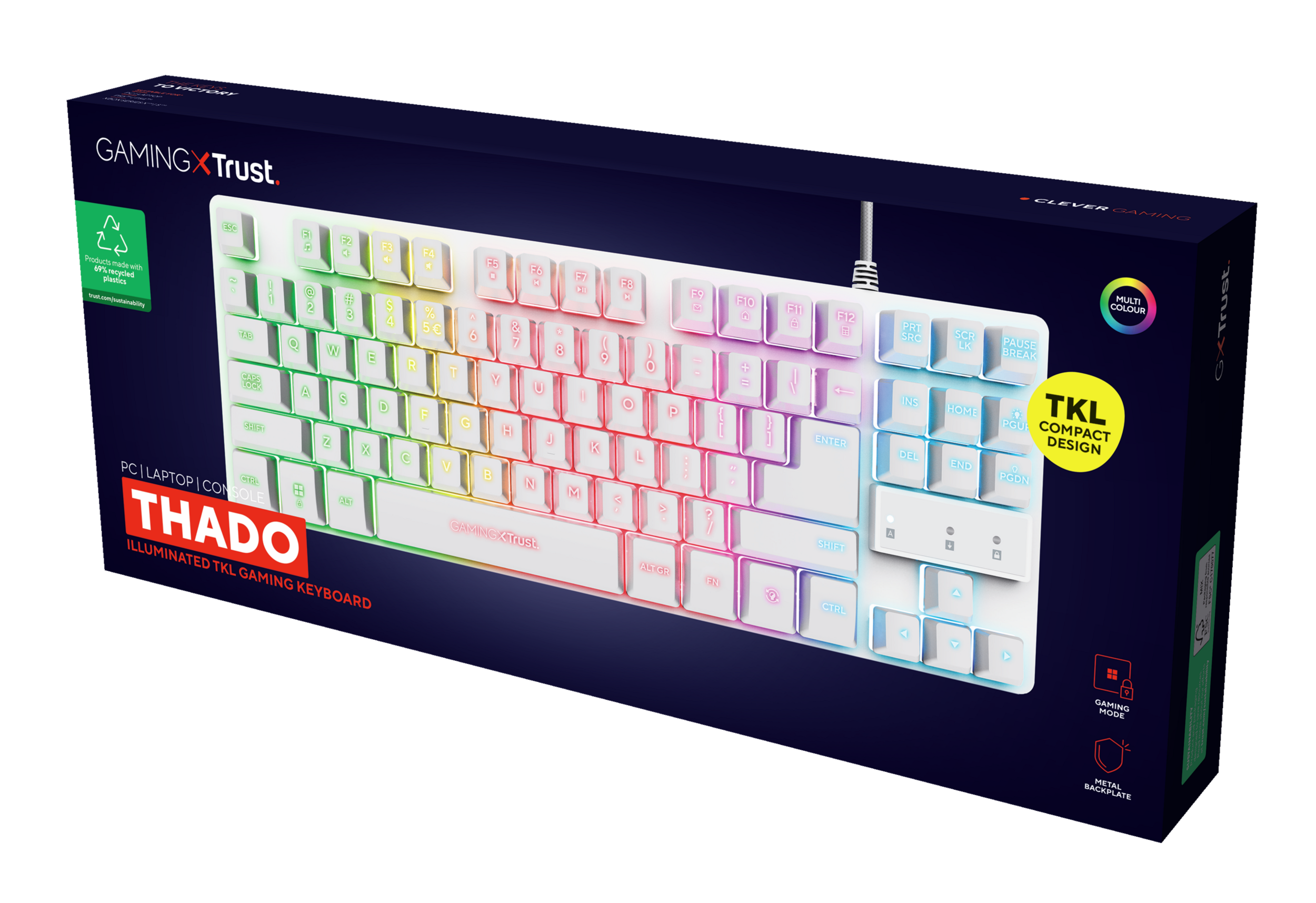 Tastatur in einer Box. Weiße Tasten mit regenbogenfarben beleuchteten Zeichen. Schwarze Box mit Text und Logos.