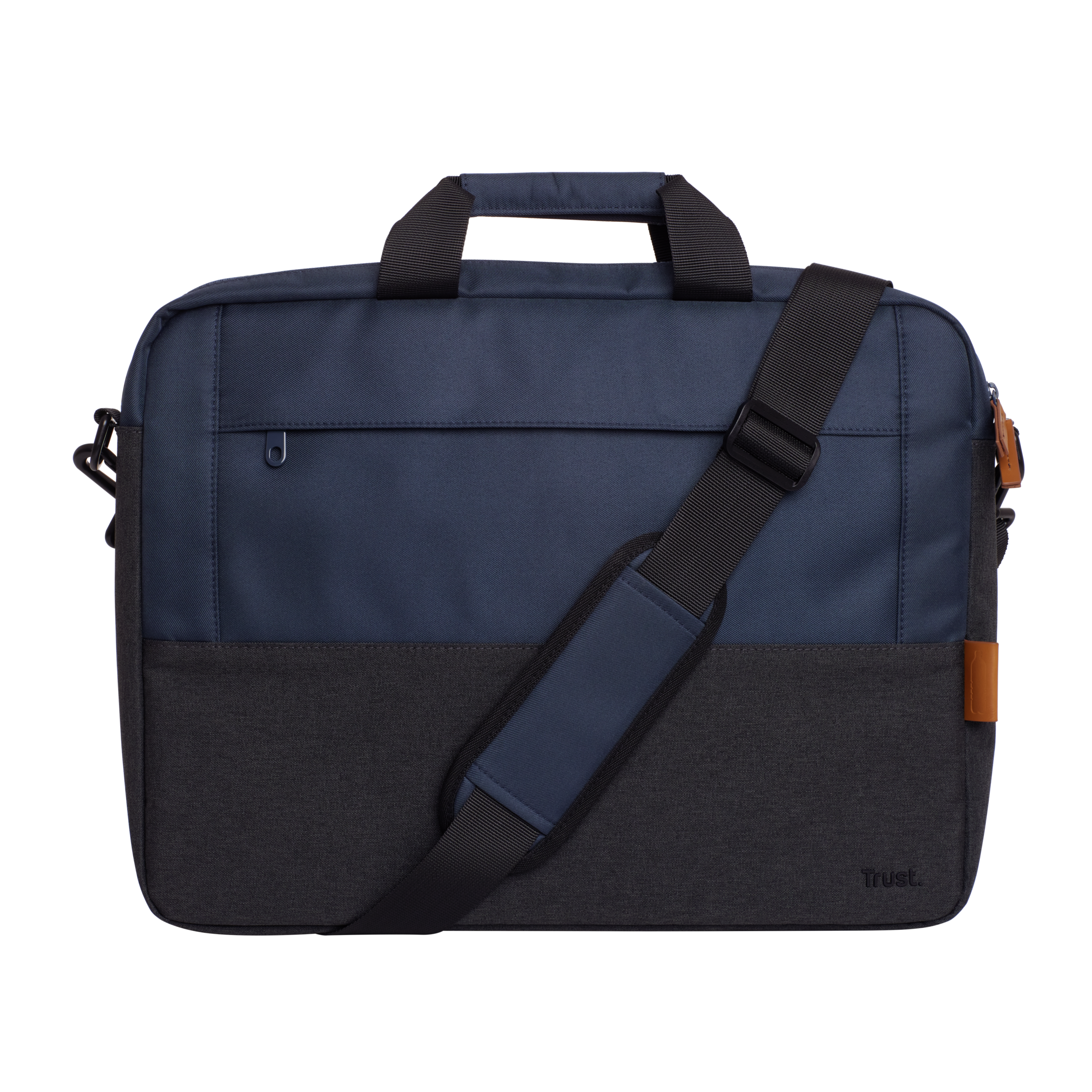 Borsa per laptop blu e grigio con cinturino e manico neri, con sfondo scuro.