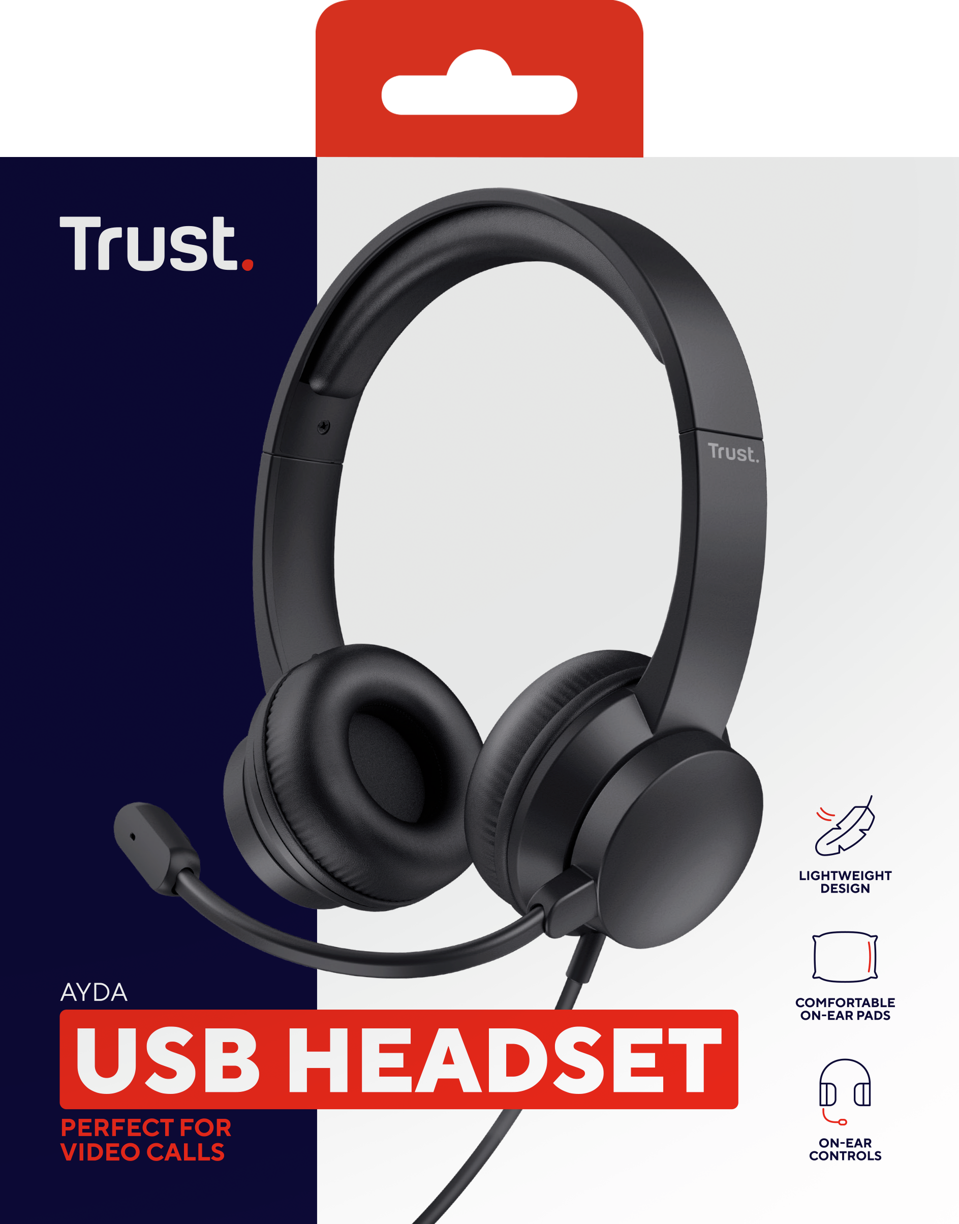 Czarny zestaw słuchawkowy USB Trust Ayda, z mikrofonem i elementami sterowania nausznego.