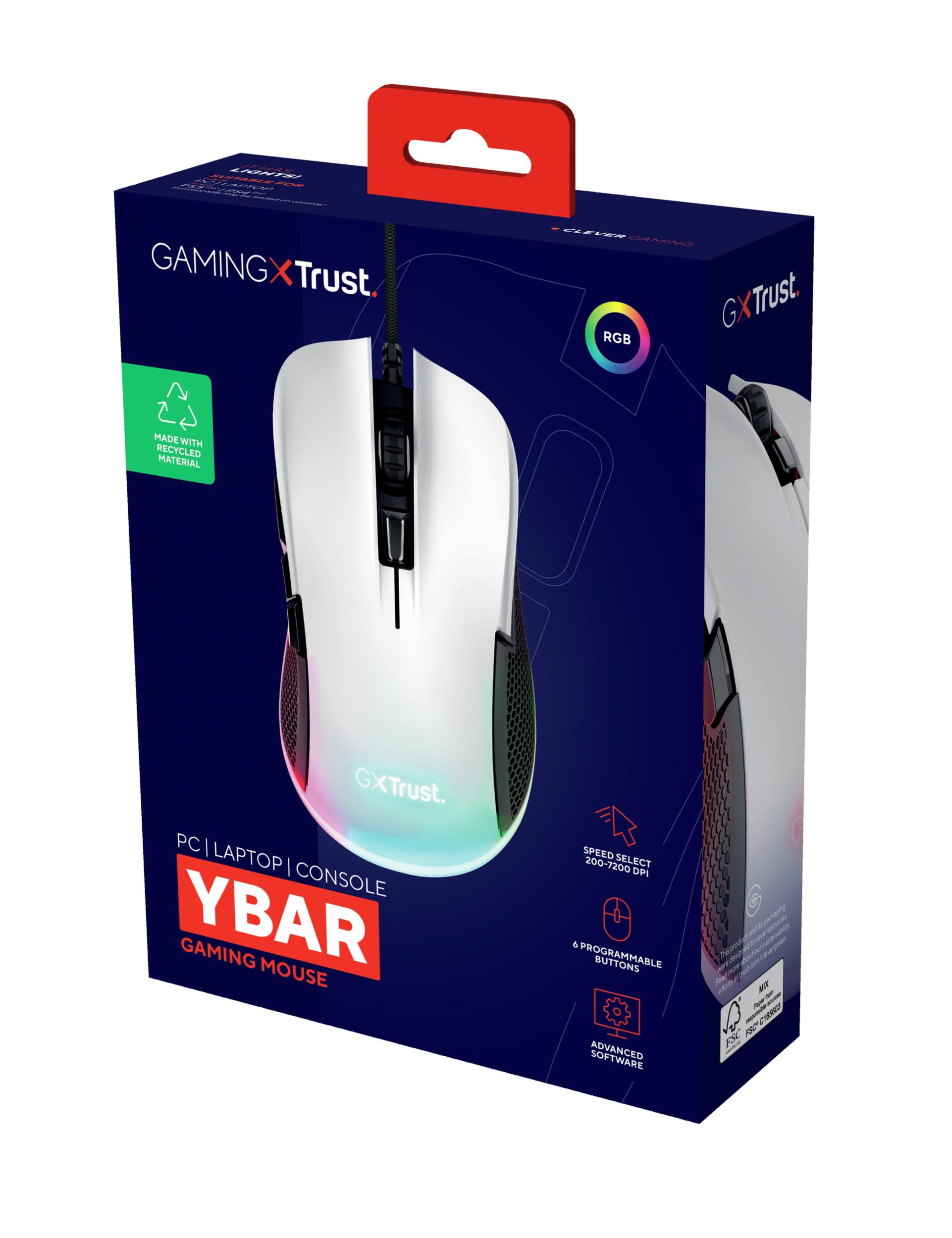 Mysz gamingowa w pudełku. Biała mysz z czarnymi akcentami. Czerwone i RGB detale. Niebieskie pudełko z tekstem.