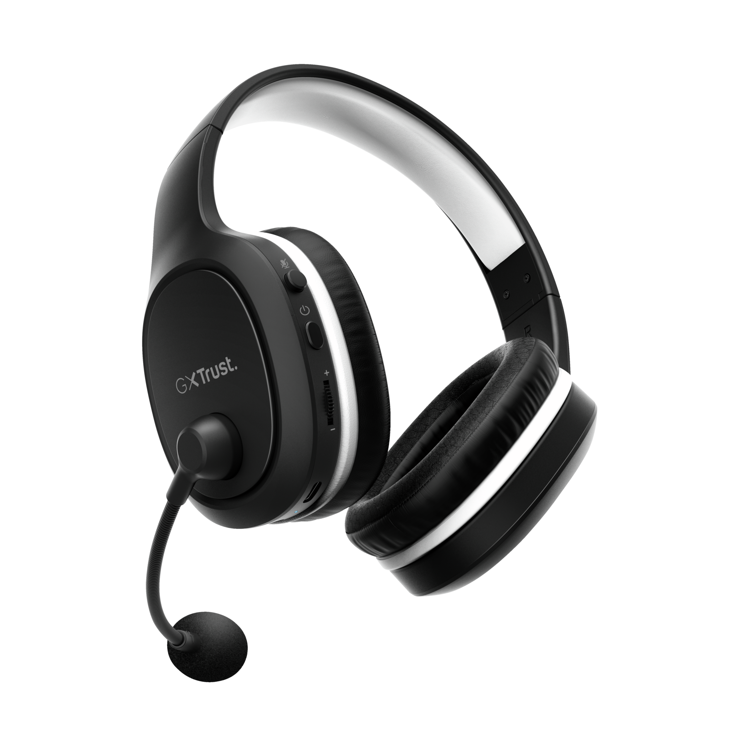 Schwarz-weißes Gaming-Headset mit Mikrofon. Trust-Marke auf der Seite.