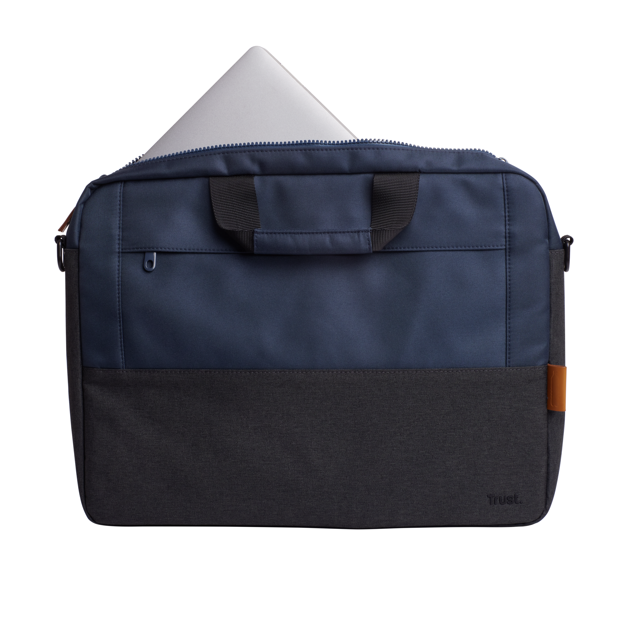 Una borsa per laptop blu navy e grigia. Un laptop è parzialmente visibile all'interno. Il logo Trust è visibile.