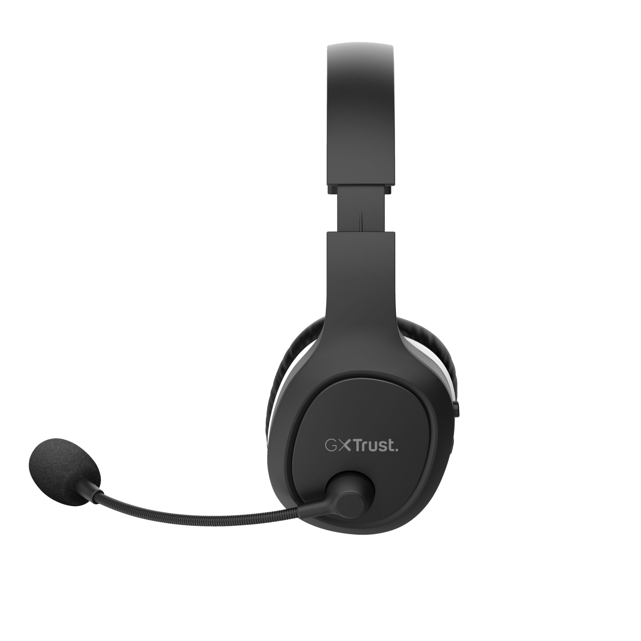 Ein schwarzes Headset mit Mikrofon auf schwarzem Hintergrund. Der Markenname lautet 'GXTrust'.