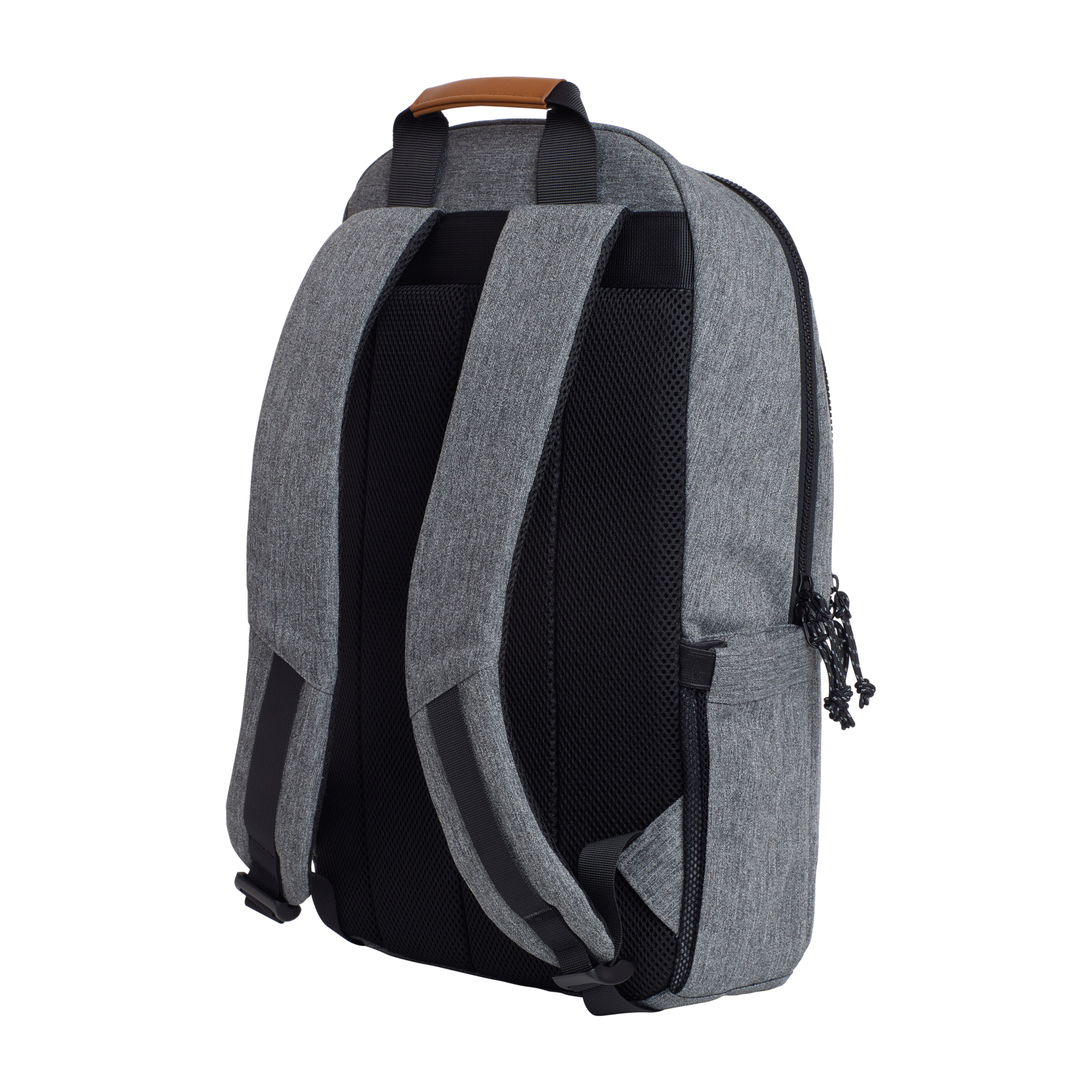 A gray backpack from the back, with black straps, a handle, and a side pocket.