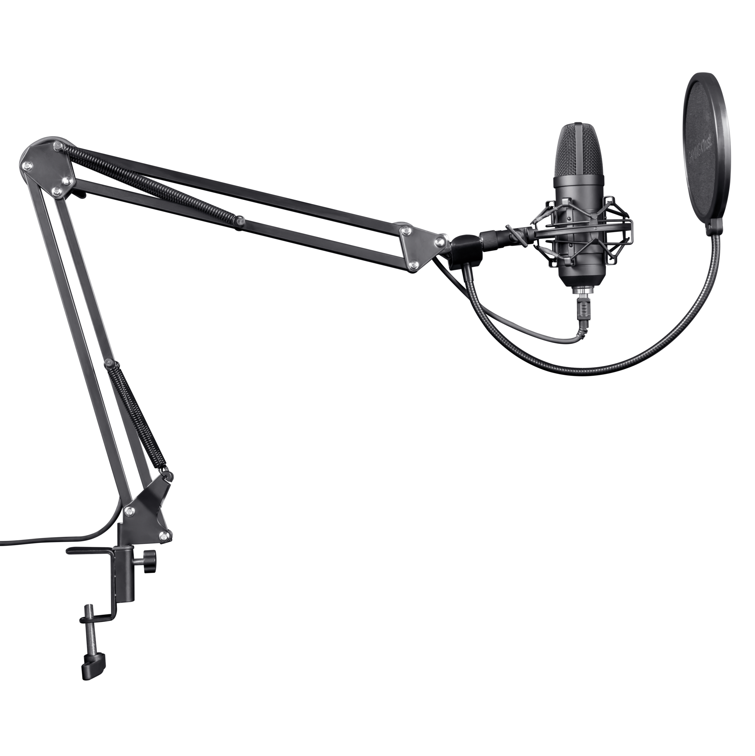 Schwarzes Mikrofon mit Pop-Filter und Haltearm auf schwarzem Hintergrund.