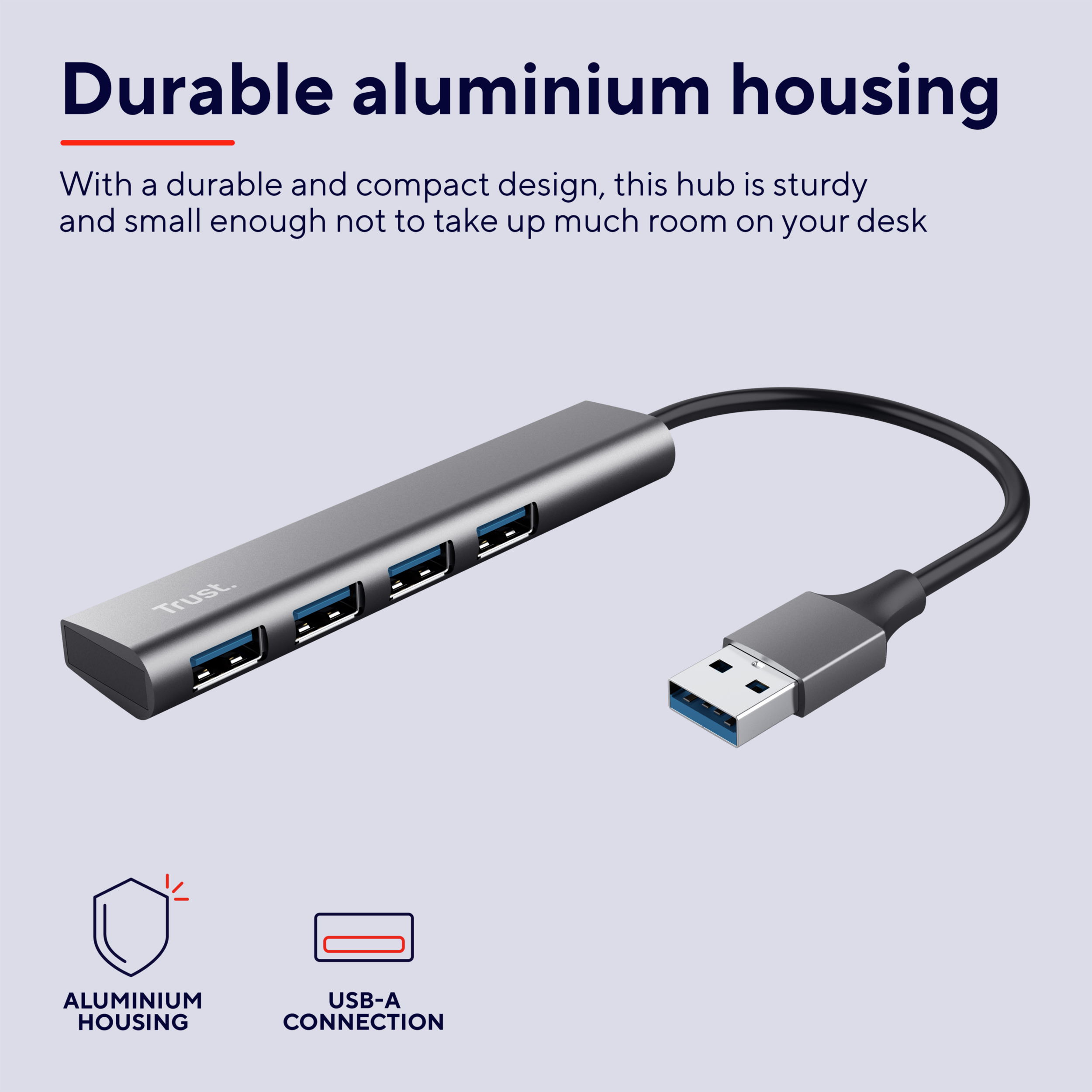 Een zilveren USB-hub met vier poorten, een zwarte kabel en pictogrammen voor aluminium behuizing en USB-aansluiting.