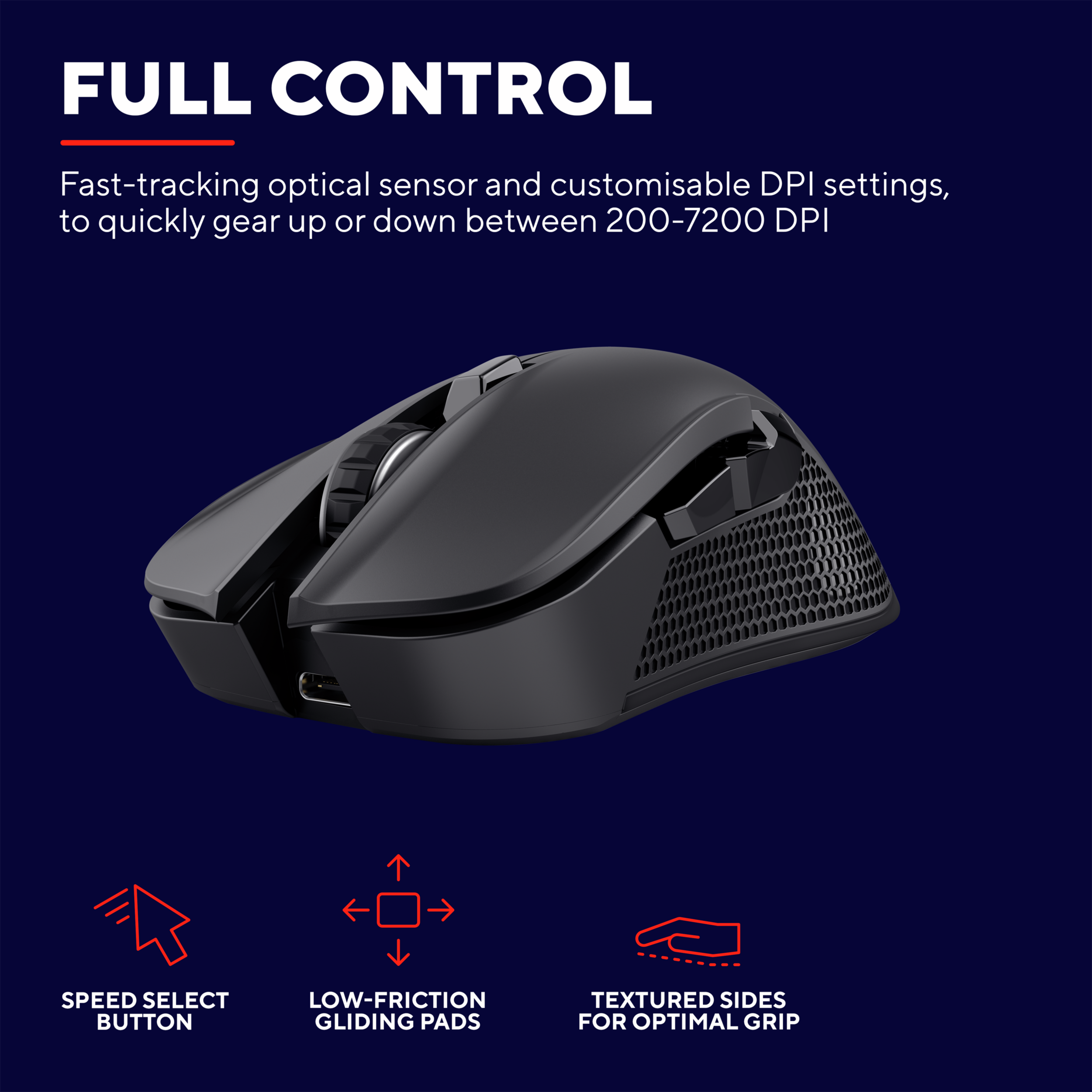 Souris de jeu noire avec plusieurs boutons. Elle a des icônes rouges montrant des fonctionnalités.