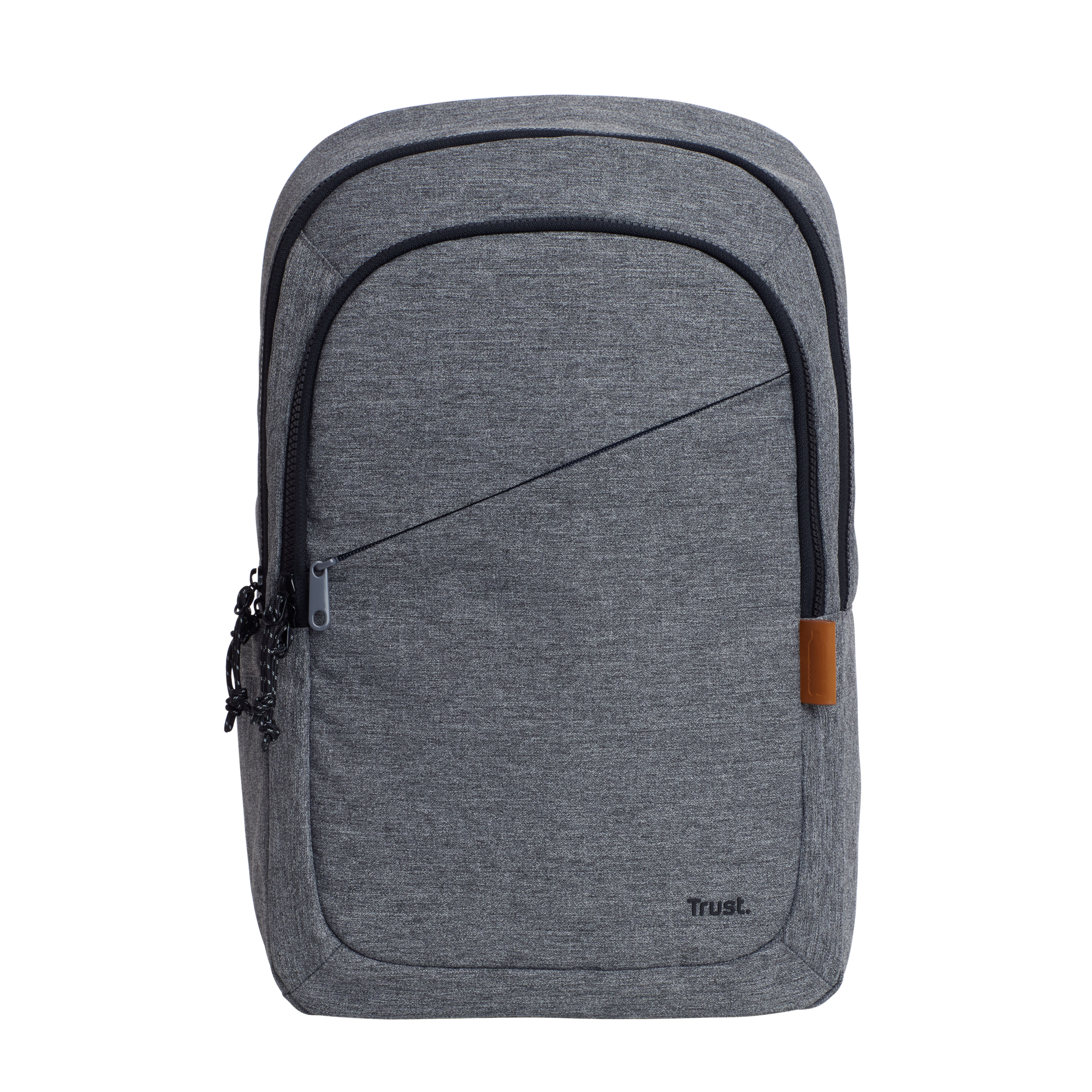Gray backpack with a black zipper, black straps, and a small brown leather label.
