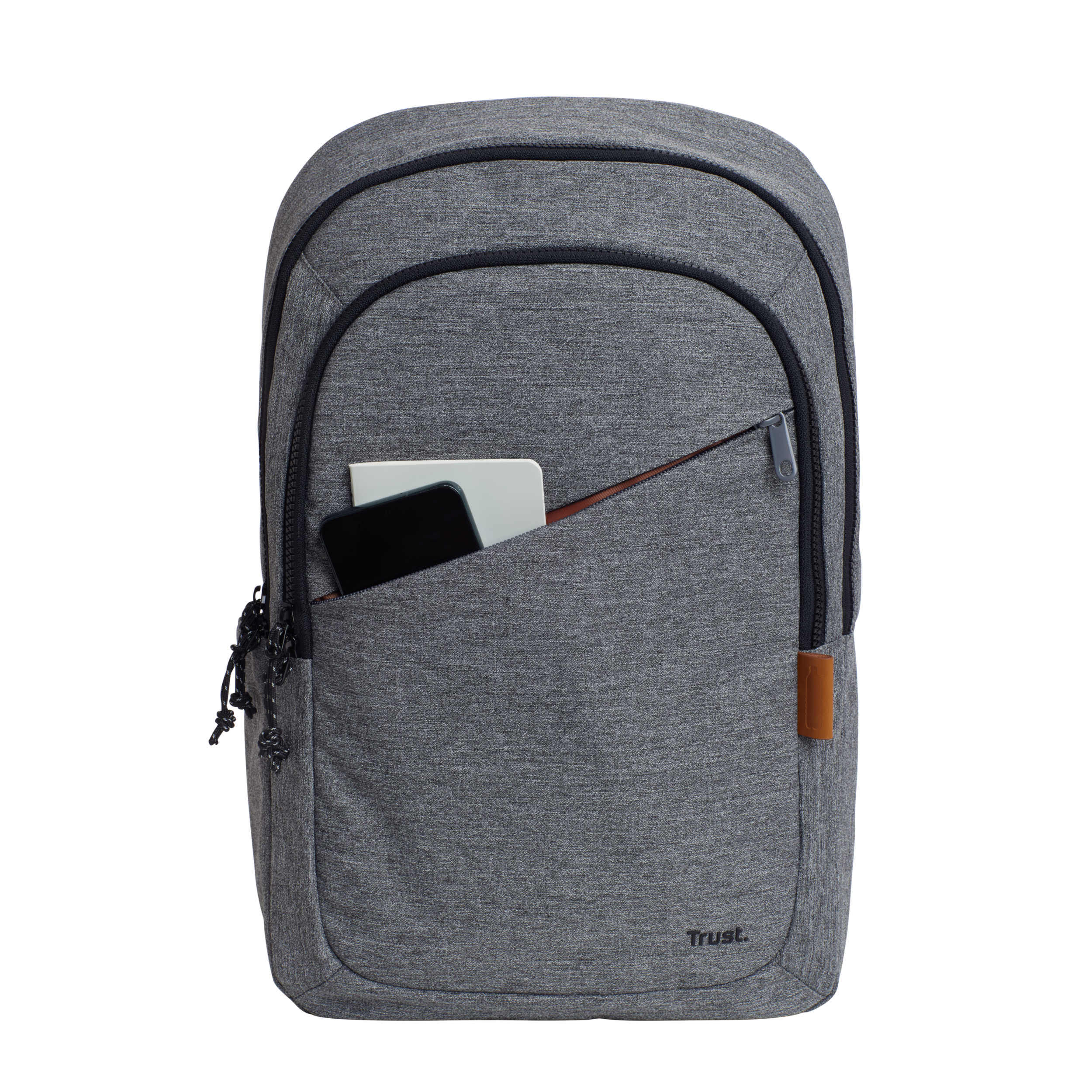 Gray backpack with a front pocket. Contains a notebook and phone.