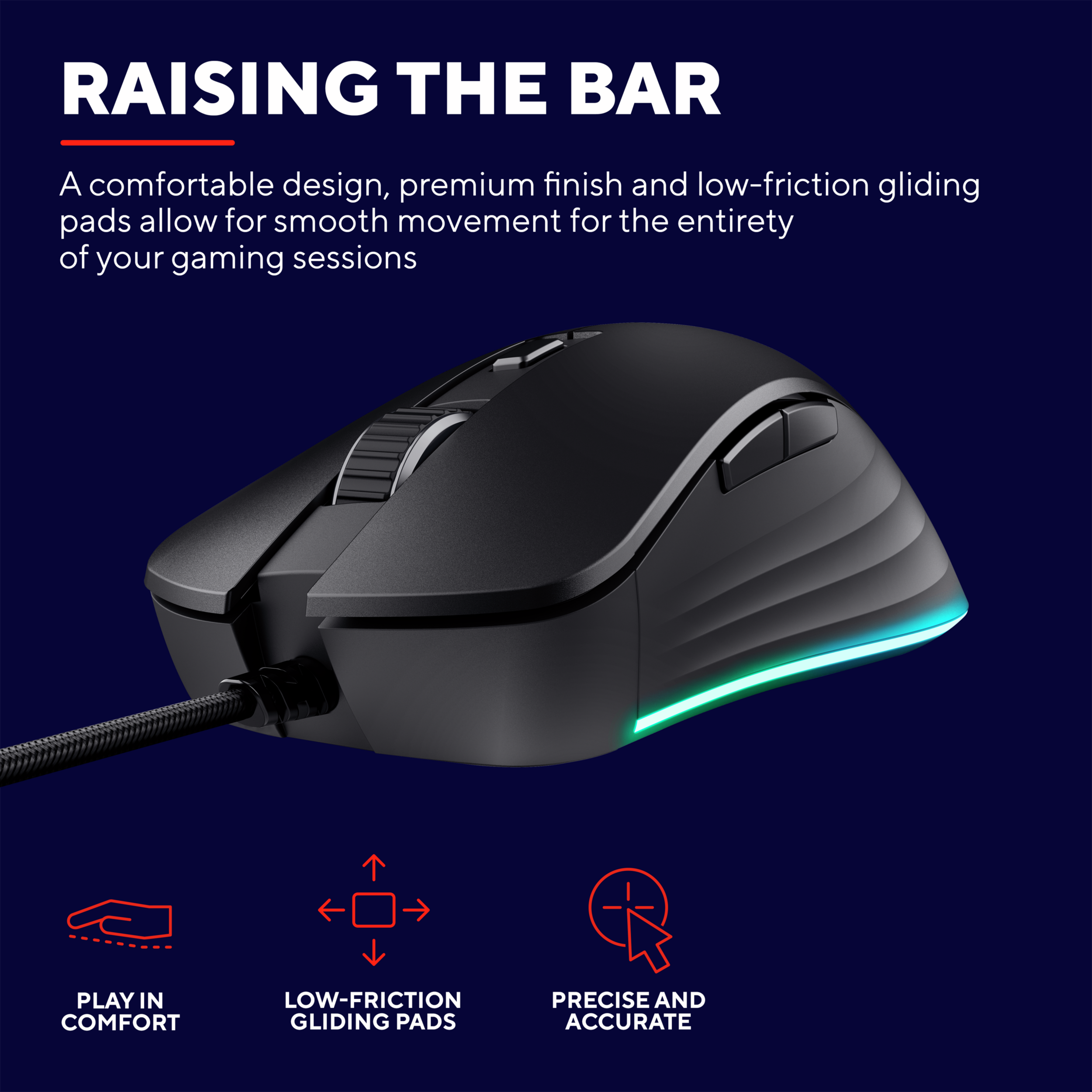 Czarna mysz do gier z oświetleniem RGB, tekstem 'RAISING THE BAR' i ikonami funkcji.
