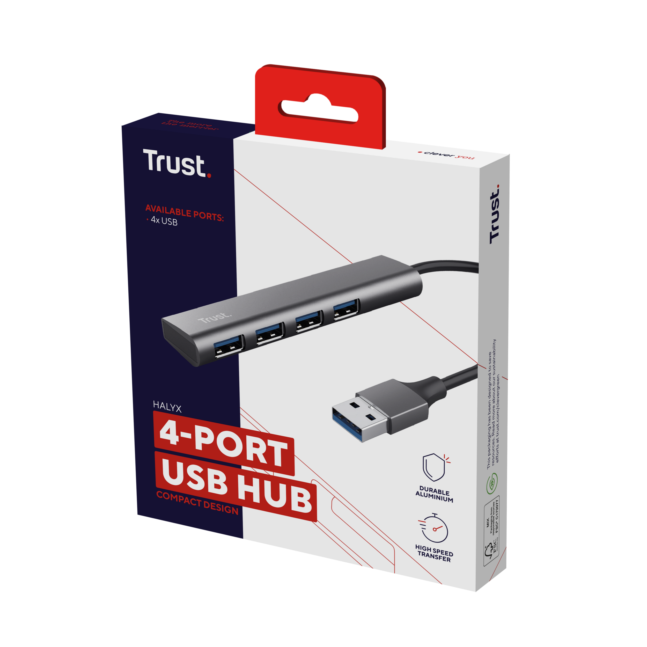 Een grijze USB-hub met vier poorten in de doos. De doos is wit en rood, met het merk Trust erop.