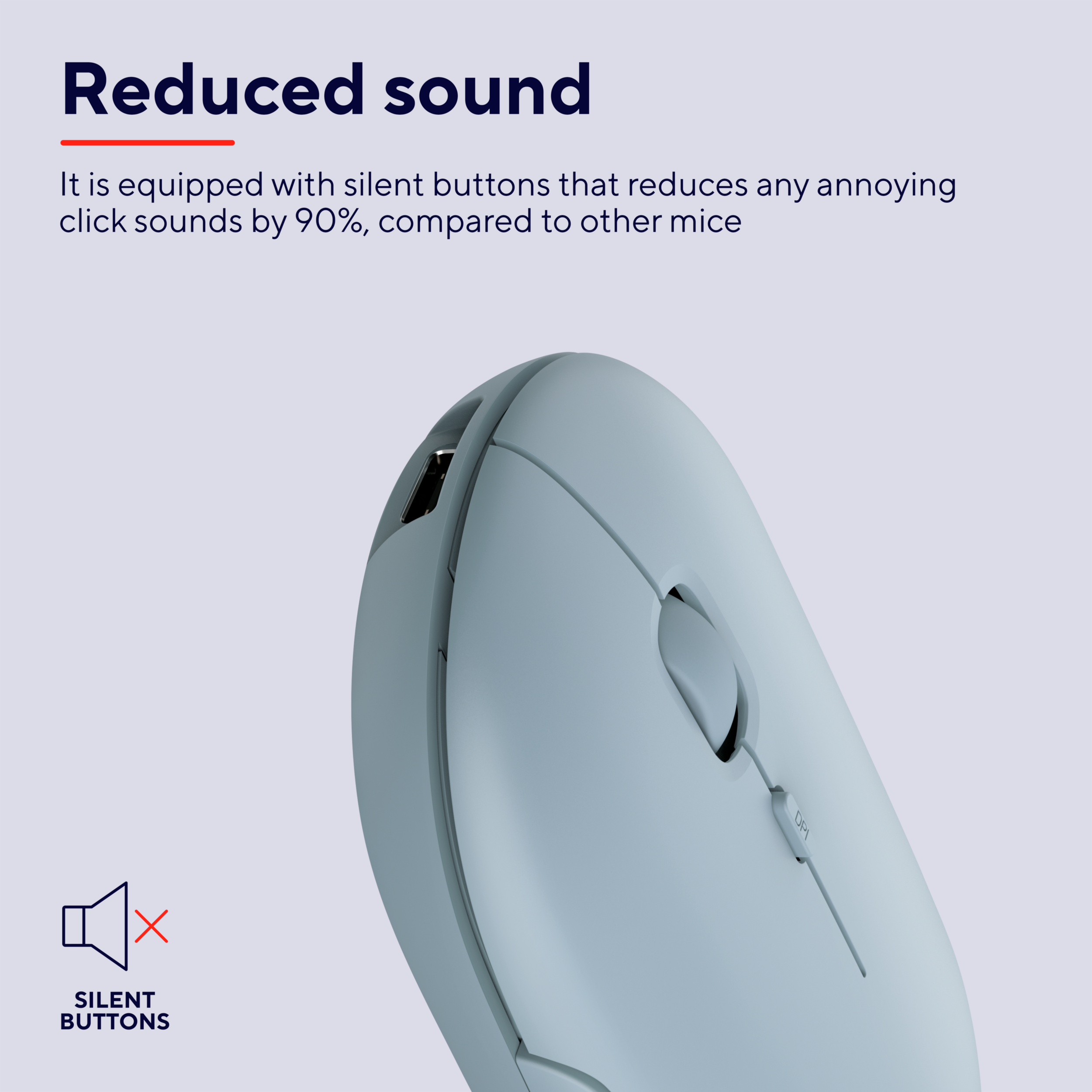 Jasnoniebieska mysz z czerwonym symbolem wyciszenia i 'SILENT BUTTONS'.