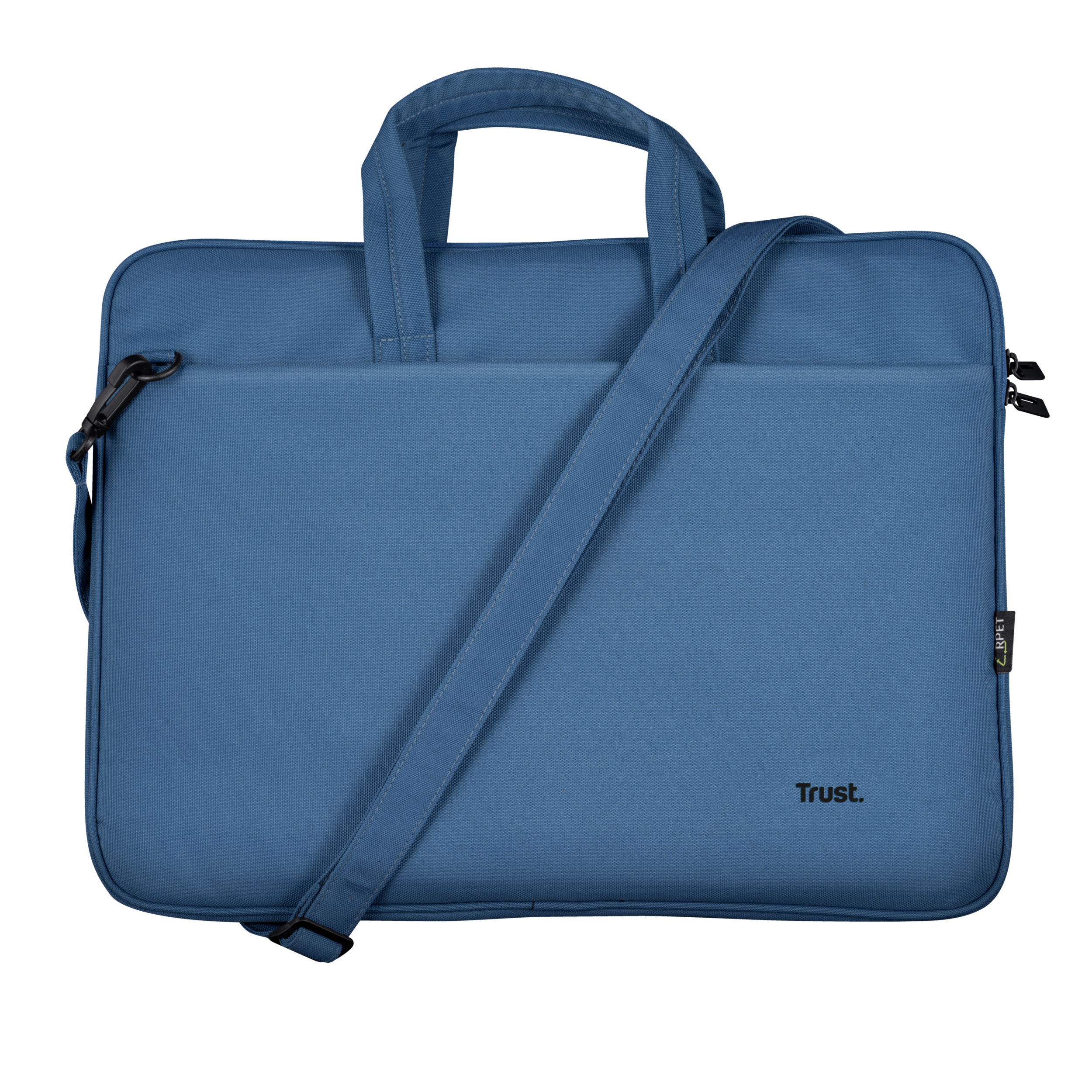 Niebieska torba na laptopa z uchwytem i paskiem na ramię. Widoczna nazwa marki 'Trust'.