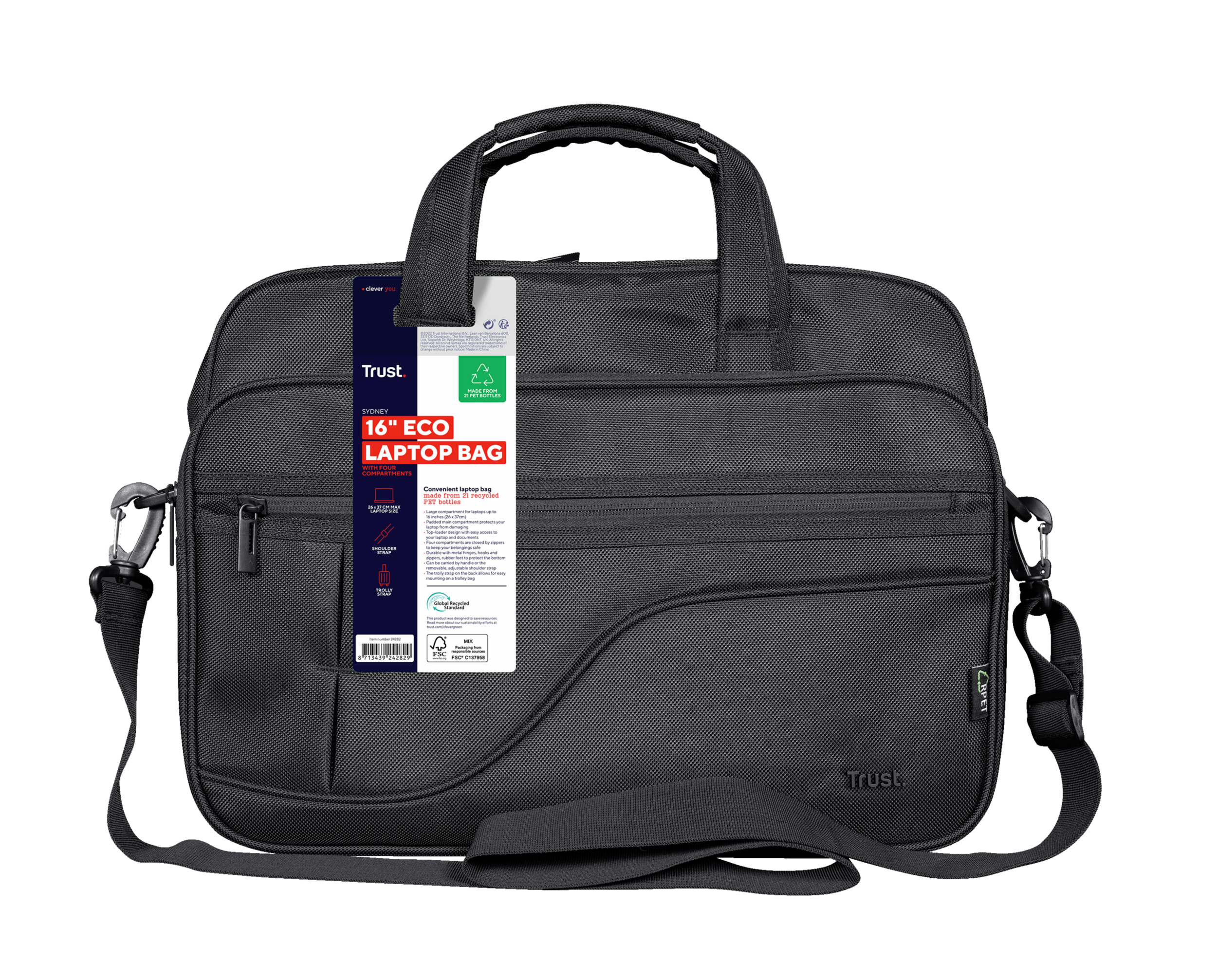 Borsa per laptop nera con etichetta bianca, su sfondo nero. Ha una tracolla.