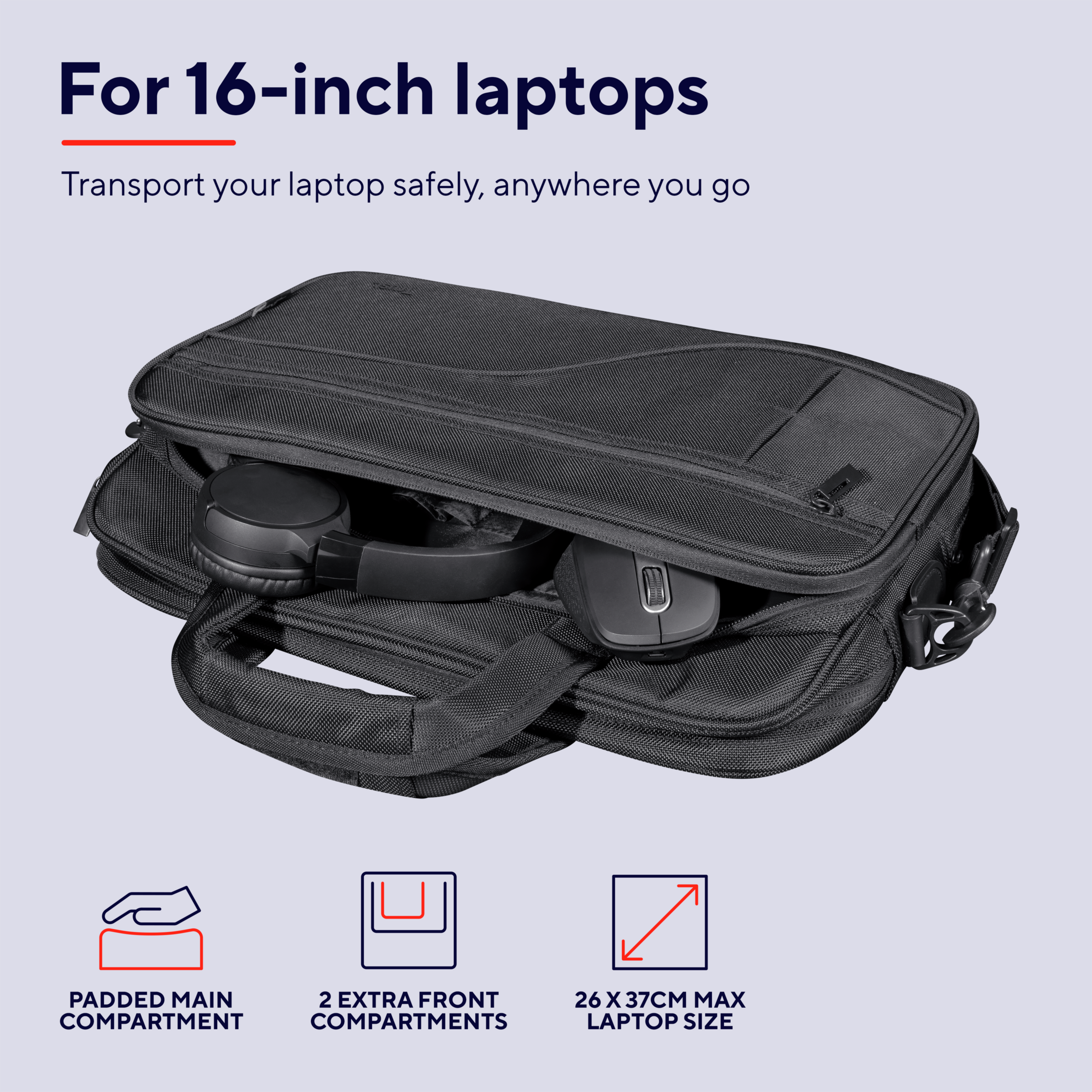 Una borsa nera per laptop con cuffie e un mouse all'interno, accanto al testo.