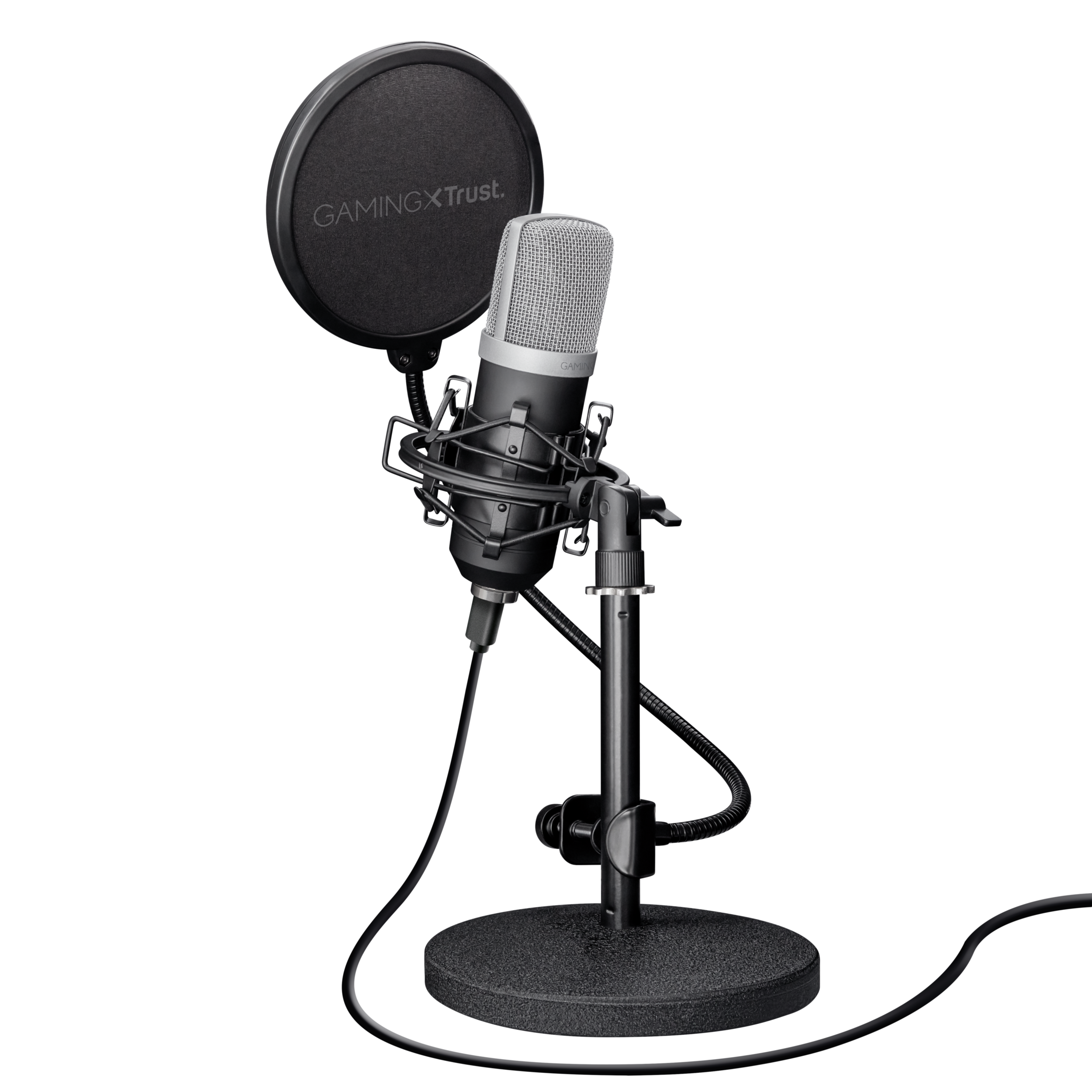 Ein Mikrofon mit Pop-Filter auf einem Ständer. Es ist ein Gaming-Mikrofon. Schwarze Farbe. Schwarzer Hintergrund.