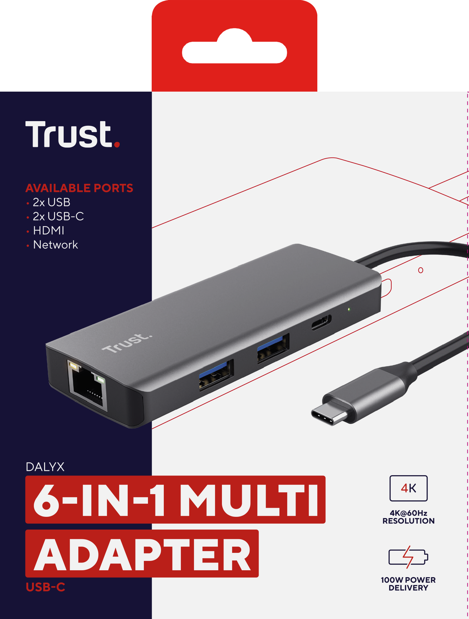 6-in-1 multi adapter. Het heeft USB, USB-C, HDMI en Netwerk poorten. Het heeft ook een stroomvoorziening.