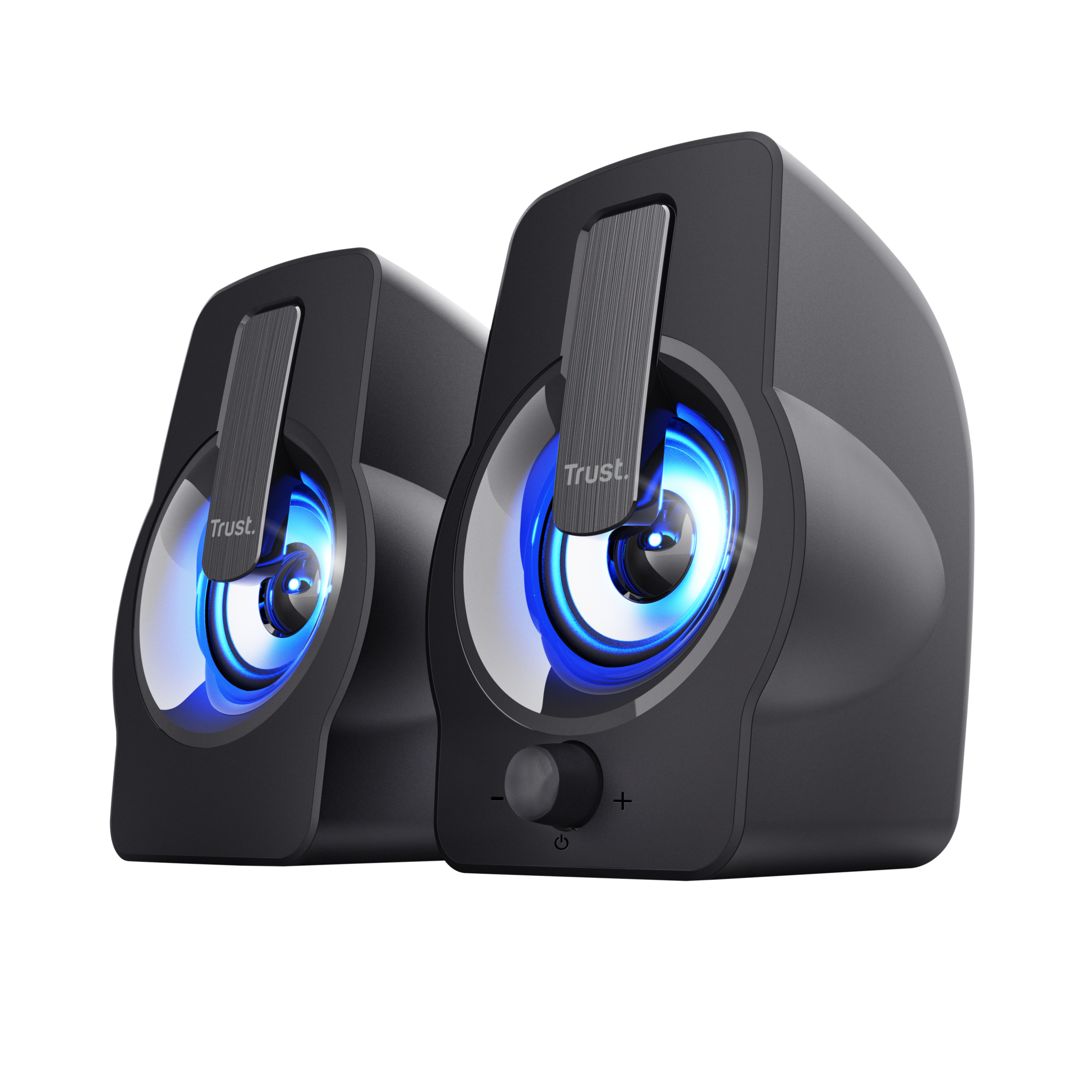 Two black speakers with blue lights, with a volume control. They are against a black background.