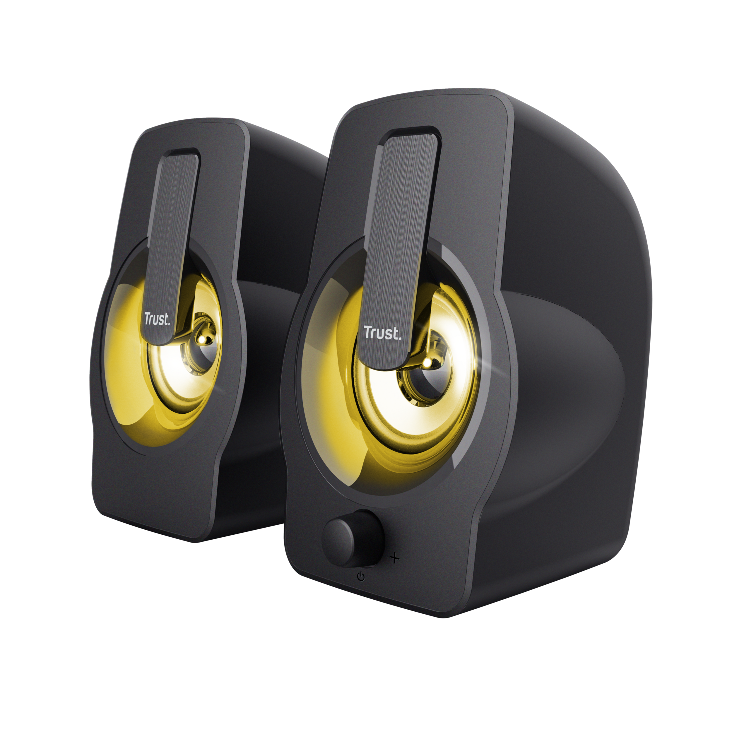 Two black computer speakers with Trust branding, with yellow light coming from the center.