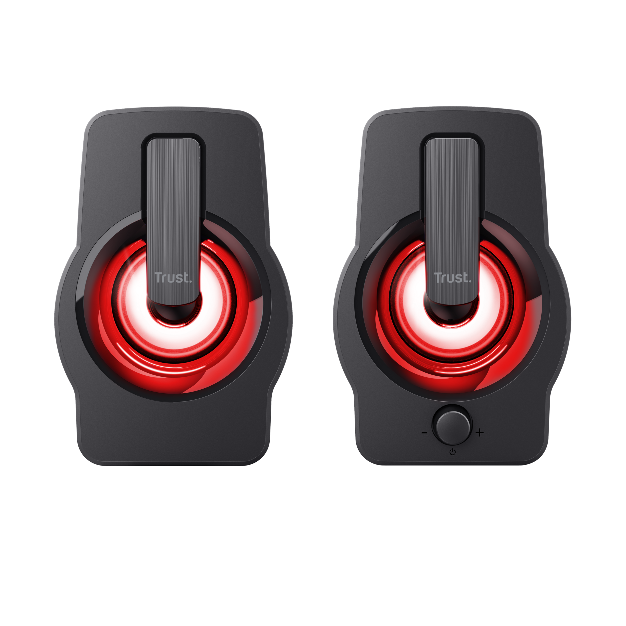 Pair of black speakers with red lights. The power button is visible.
