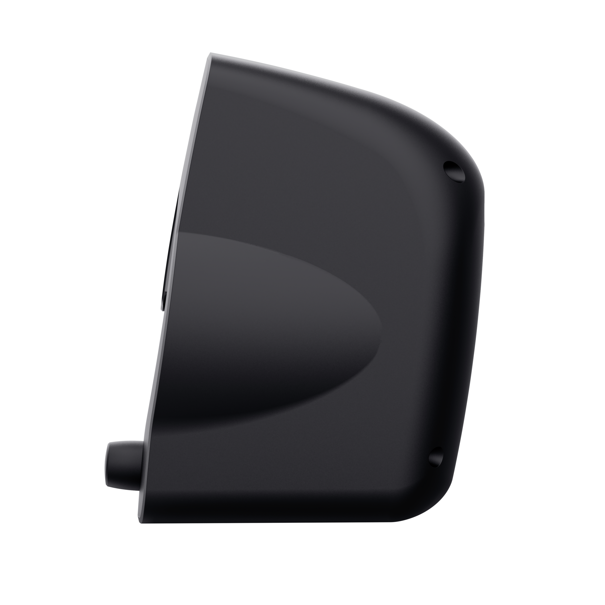 Black, curved speaker, side view. Simple design, smooth surface, and a small button on the bottom.