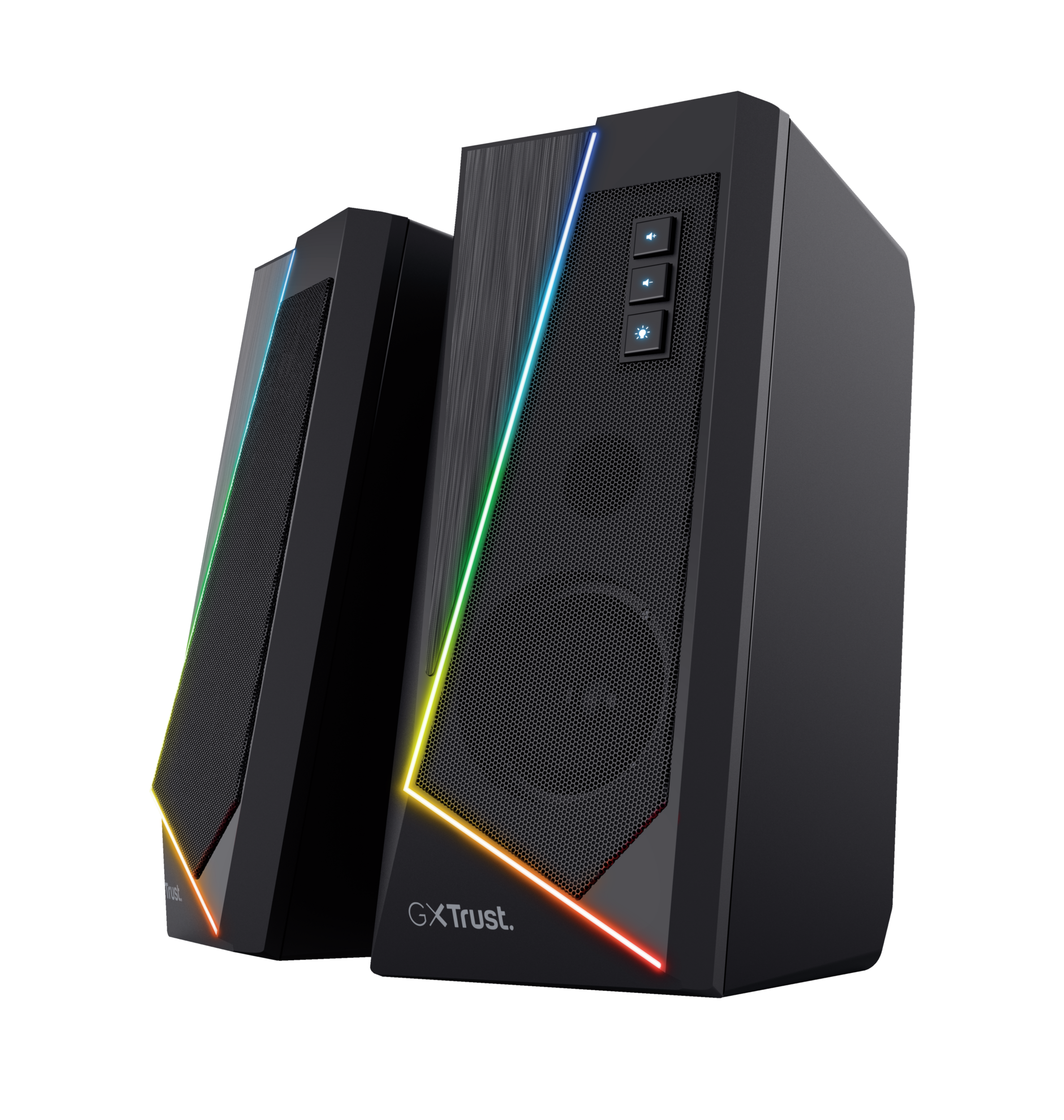 Dwa czarne głośniki z kolorowymi światłami LED, czarne tło, widok z kąta.