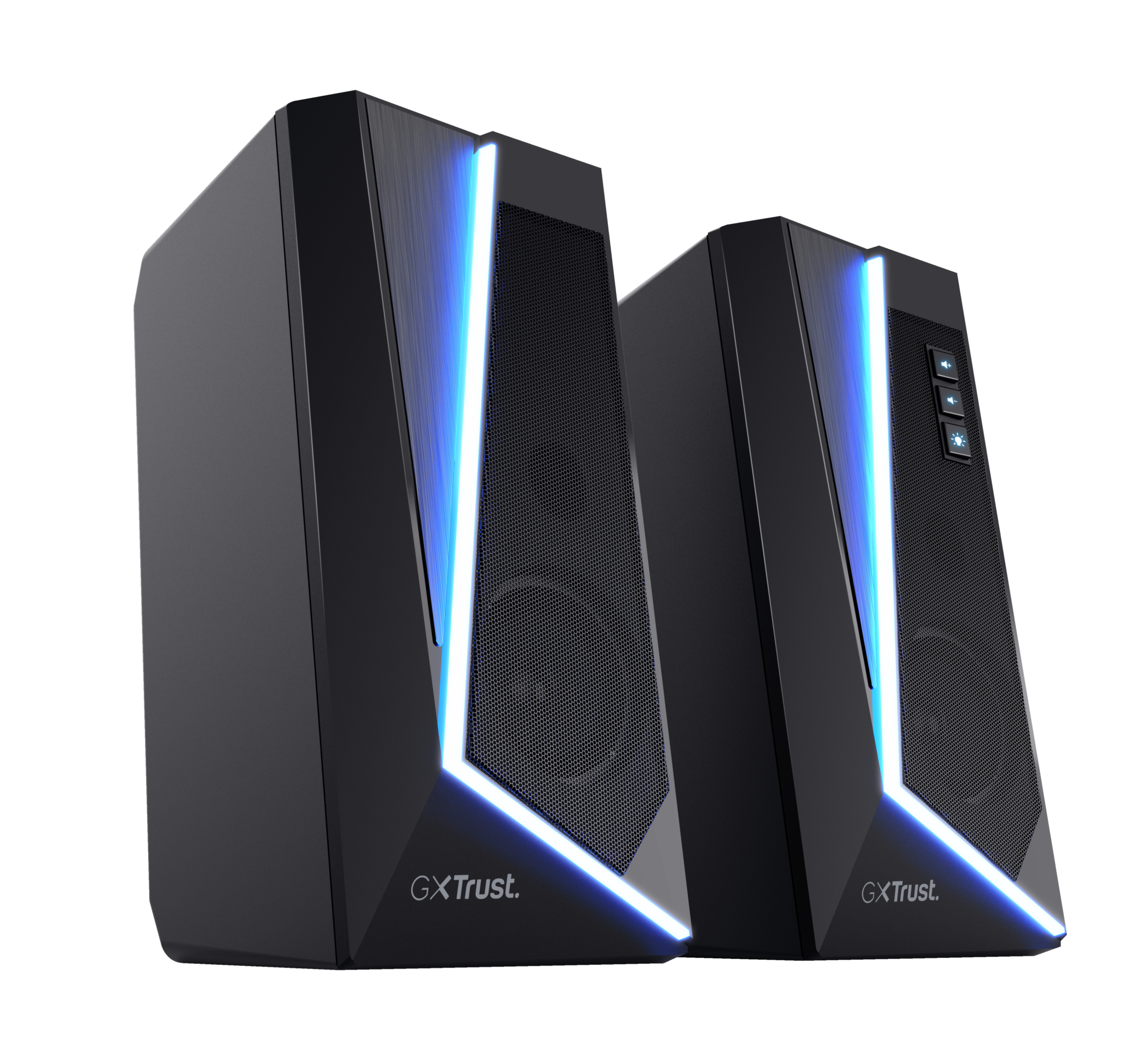 Dwa czarne głośniki komputerowe z niebieskim światłem i marką GX Trust, na czarnym tle.