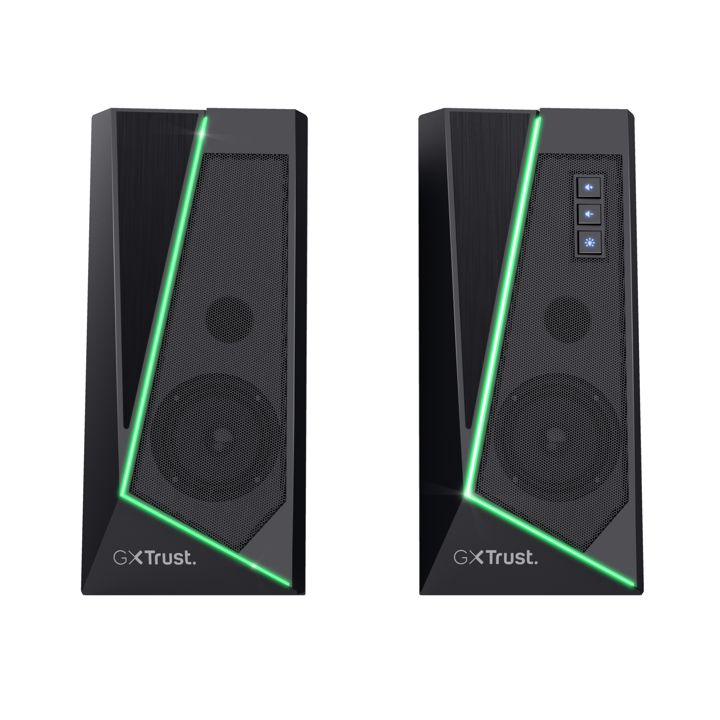 Para czarnych głośników komputerowych z zielonymi światłami. Każdy głośnik ma zieloną linię akcentu.