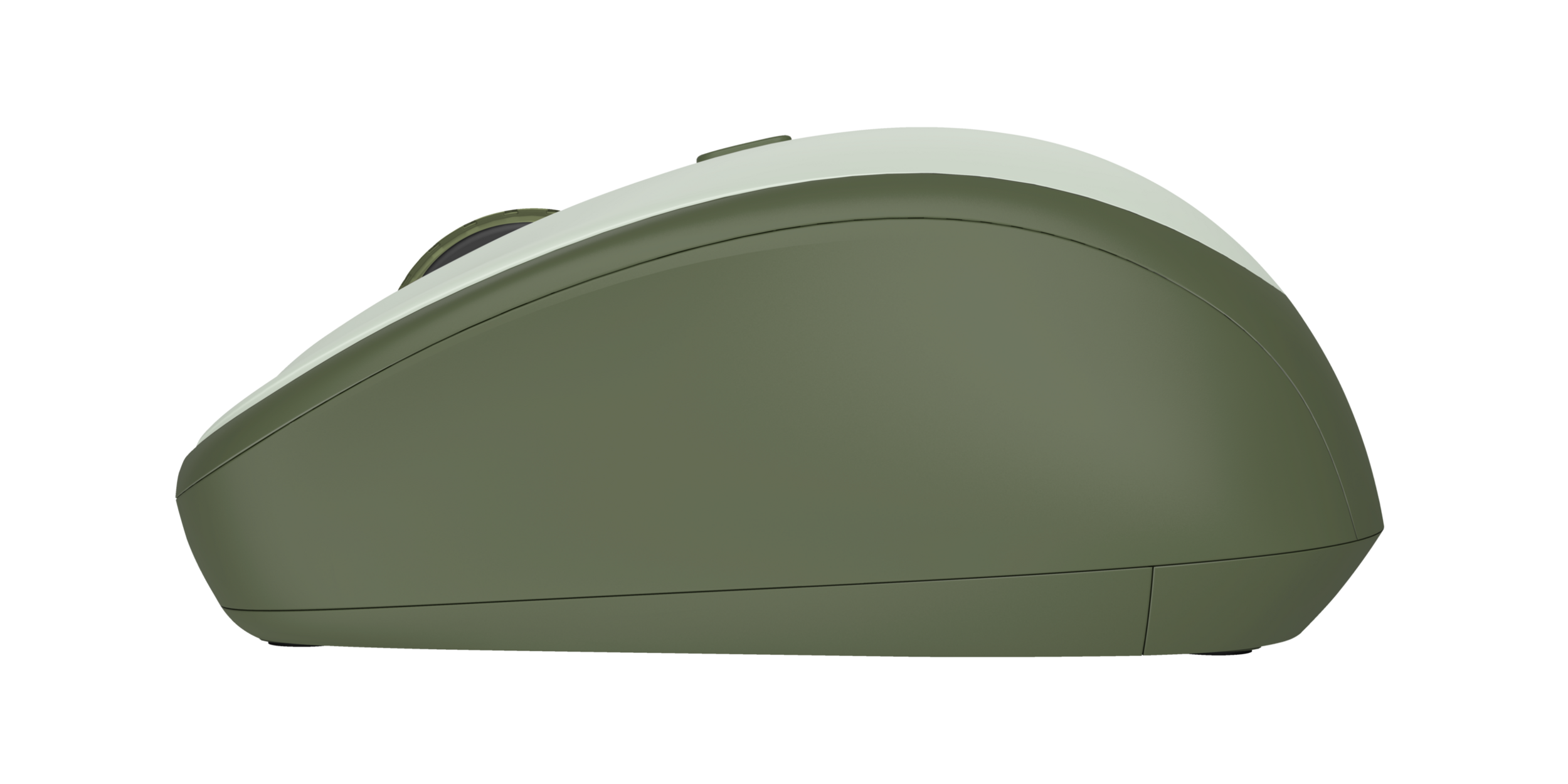 Widok z boku zielonej myszy komputerowej. Mysz ma gładki, zaokrąglony kształt.