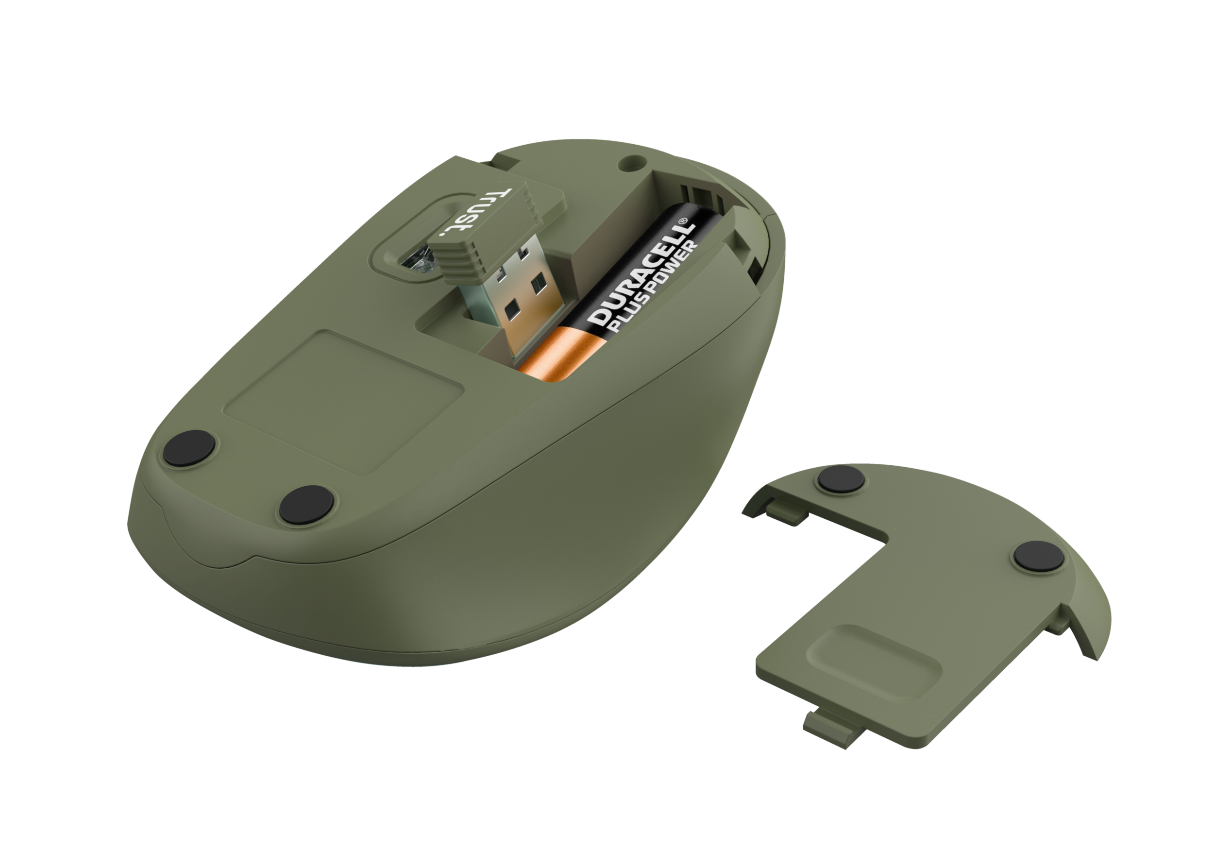 Zielona mysz otwarta z baterią Duracell i odbiornikiem USB. Czarne tło.