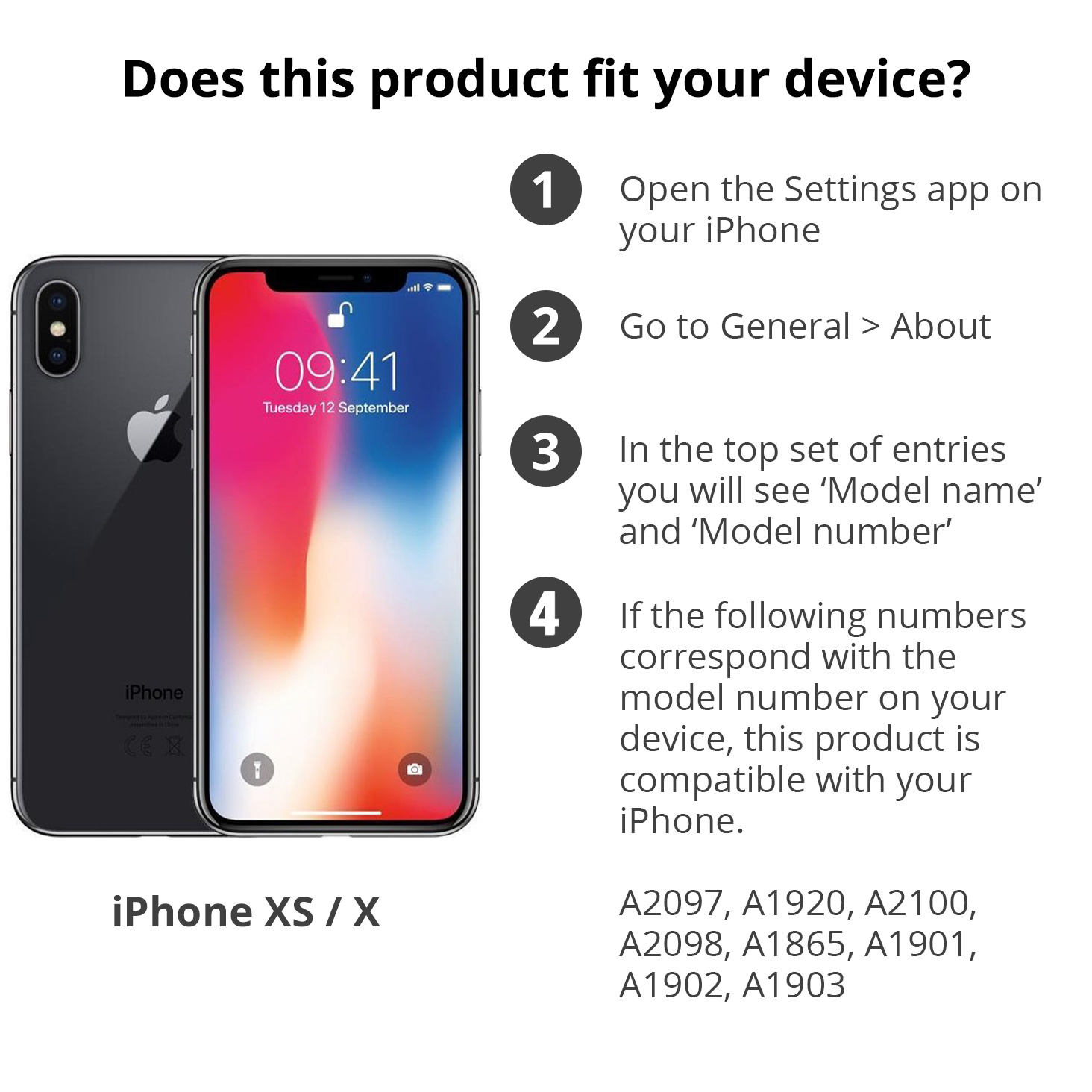 Zwei iPhones. Text: 'Passt dieses Produkt zu Ihrem Gerät?'. Anweisungen zur Kompatibilitätsprüfung.