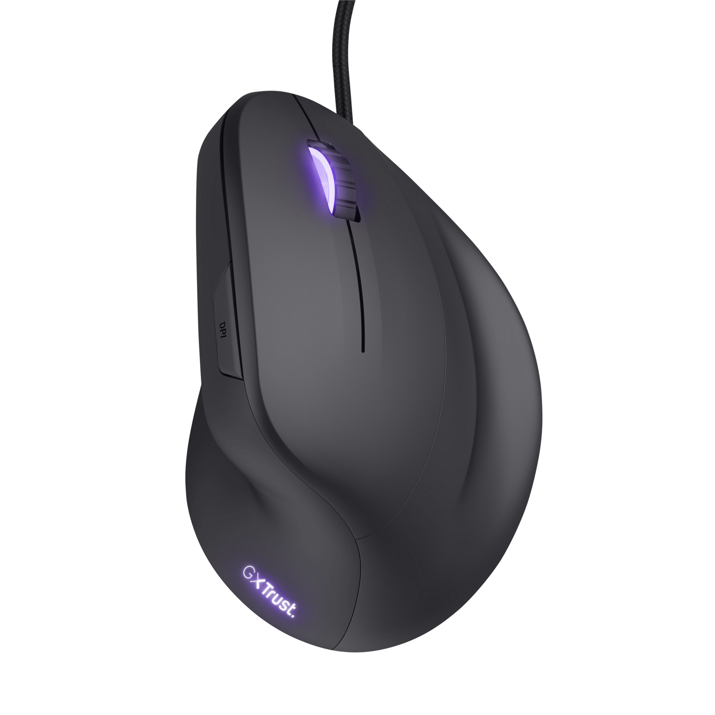 Czarna mysz ergonomiczna z fioletowym światłem na górze.