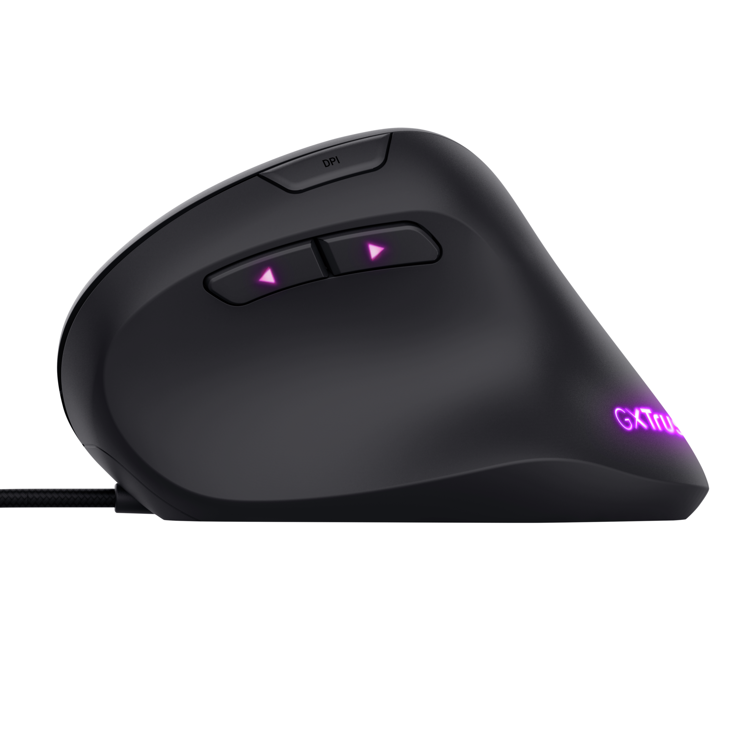 Czarna ergonomiczna mysz do gier z przyciskami i regulacją DPI, czarne tło.