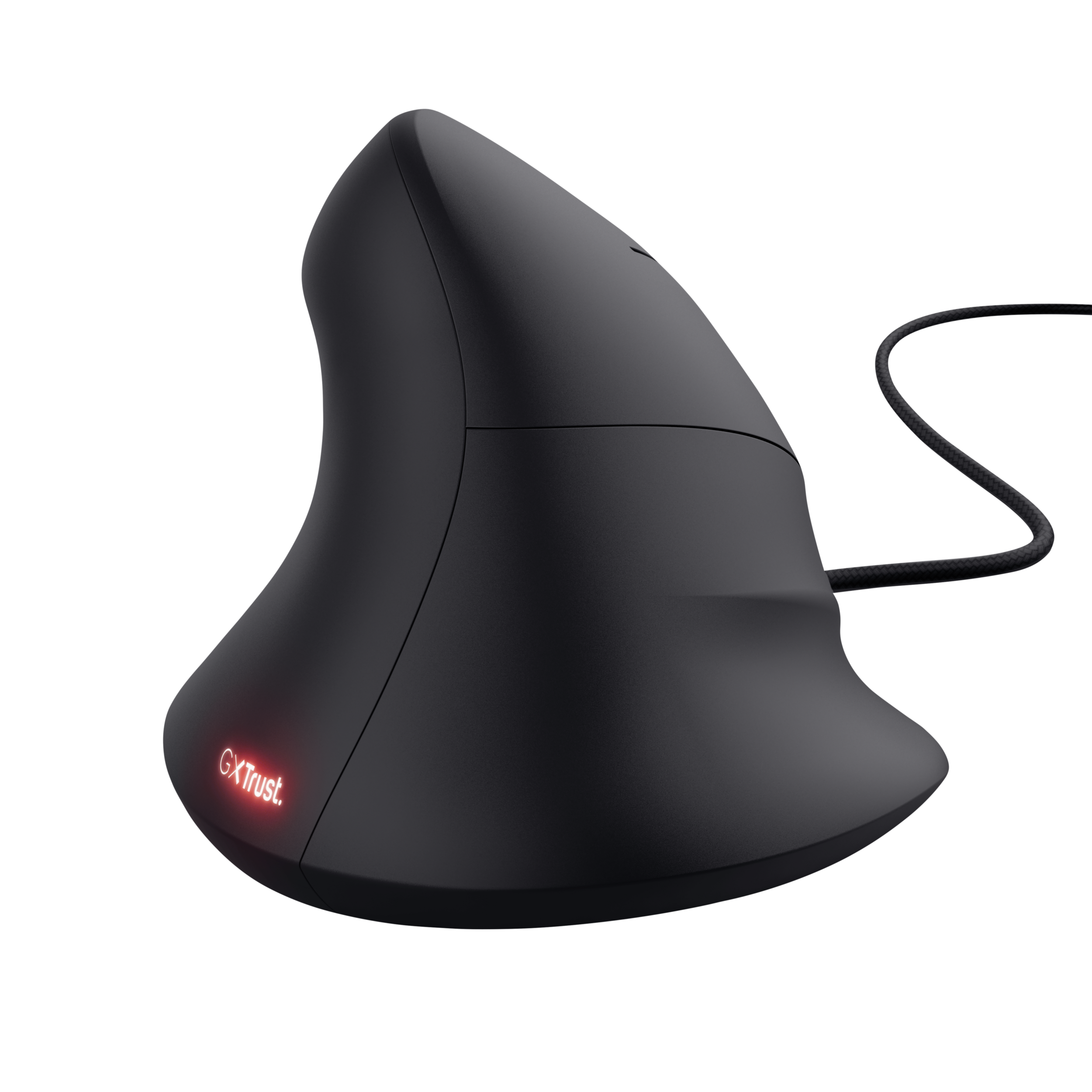Czarna ergonomiczna mysz. Czerwone światło na dole. Logo Trust. Dla wygody dłoni. Czarna powierzchnia.