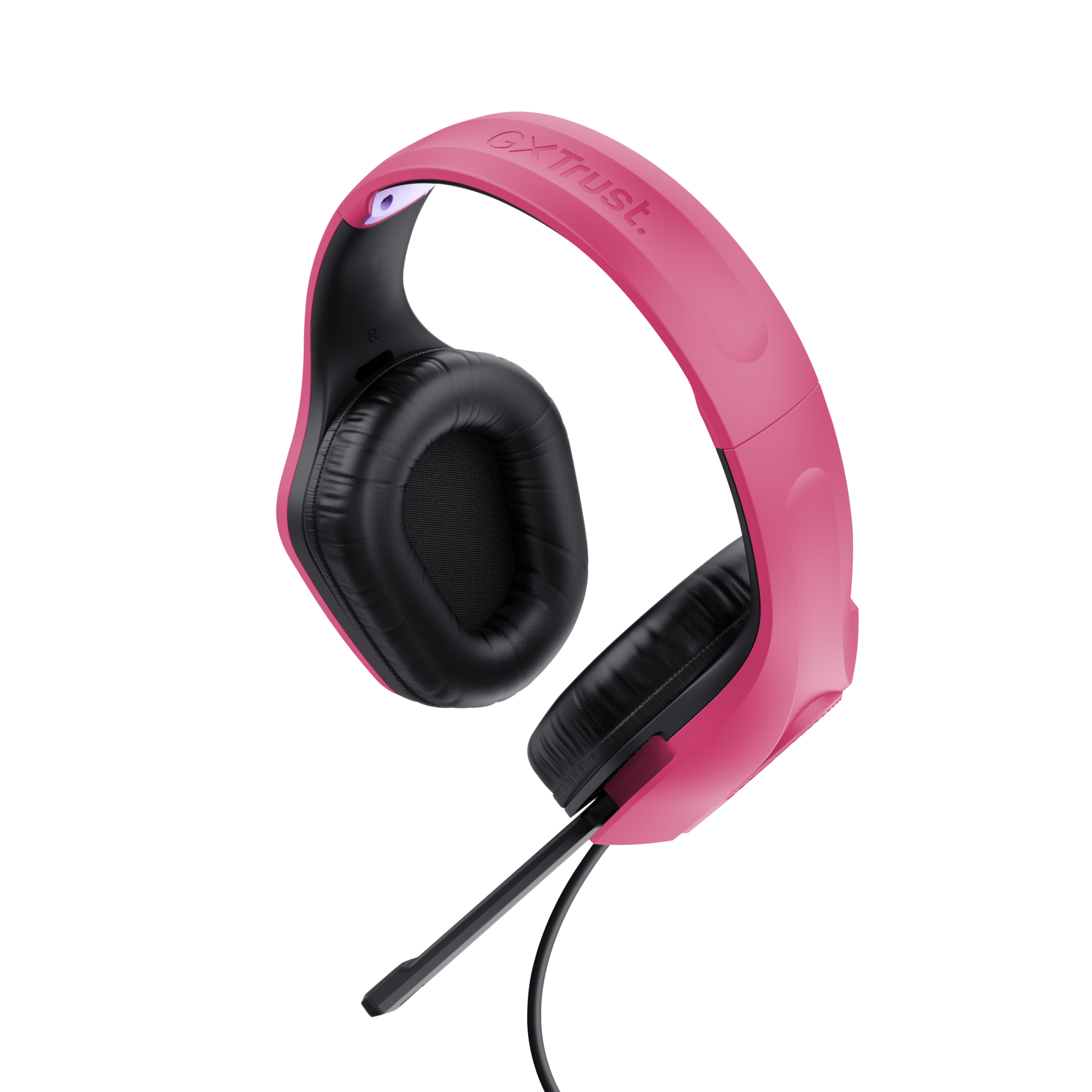 Casque rose et noir avec microphone, sur fond noir.