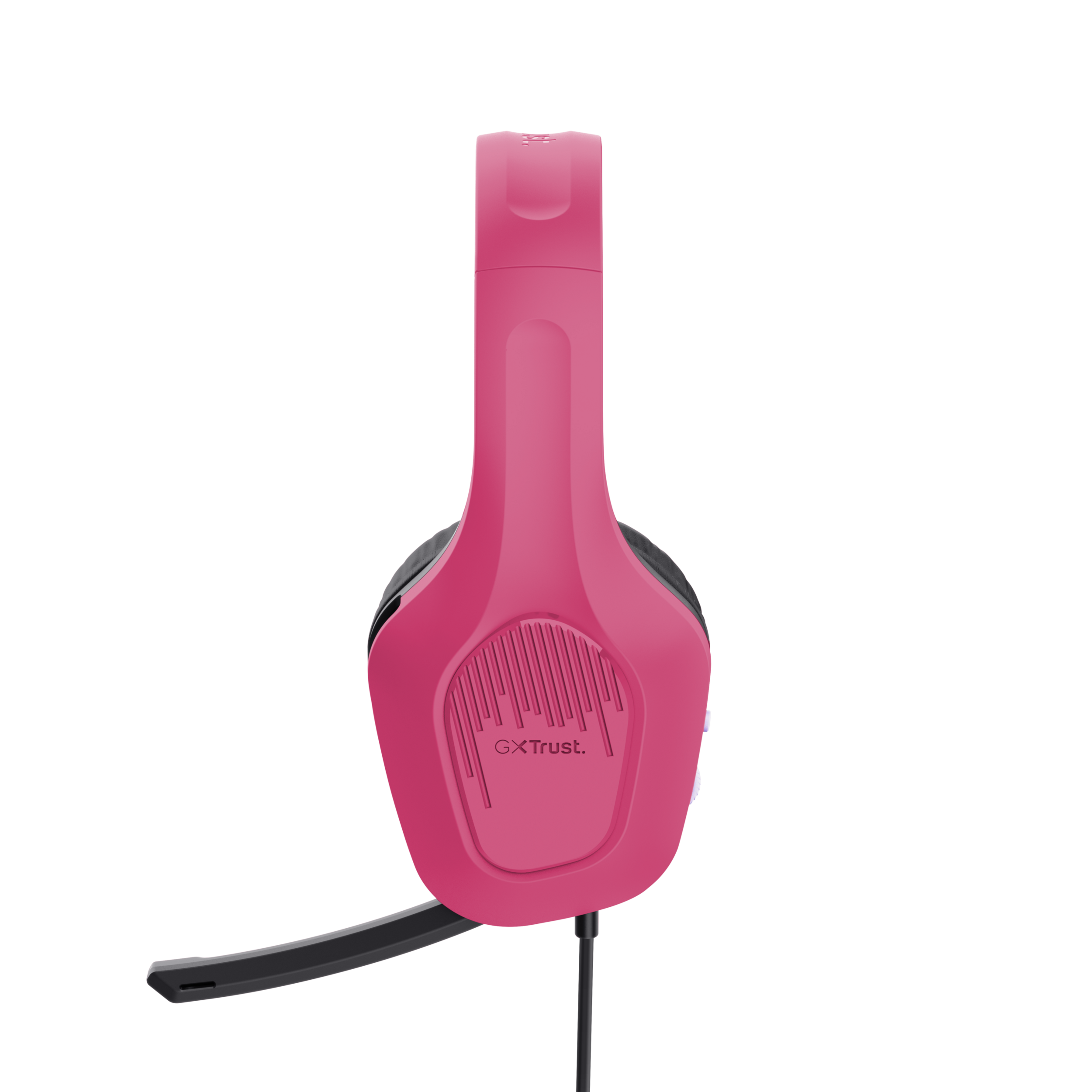 Casque rose avec microphone. Ils sont orientés vers le haut, montrant l'arceau et les oreillettes.