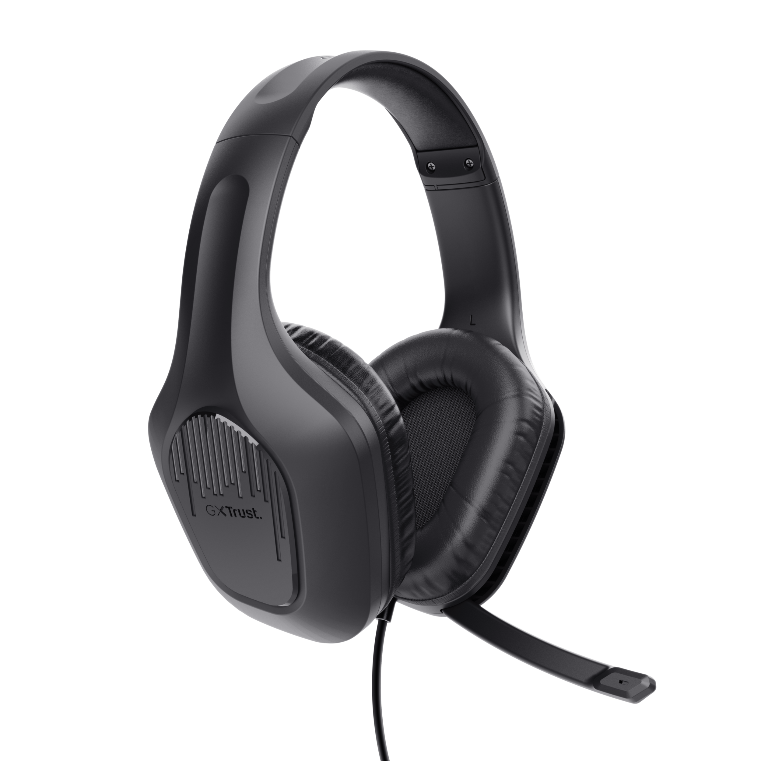 Casque noir avec microphone. Avec écouteurs et bandeau. Câble noir en bas.