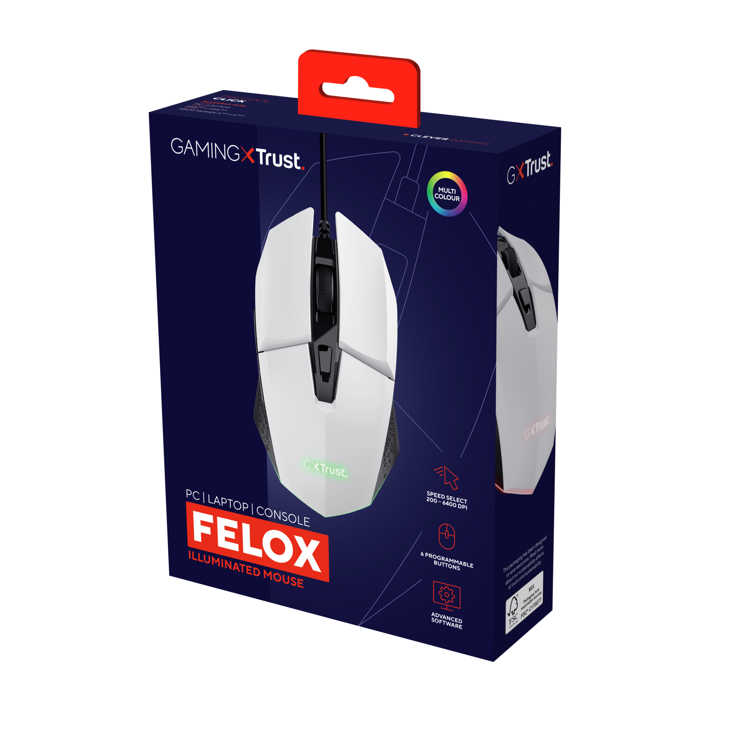 Mysz gamingowa w pudełku. Mysz jest biała z czarnymi akcentami, pudełko niebieskie.