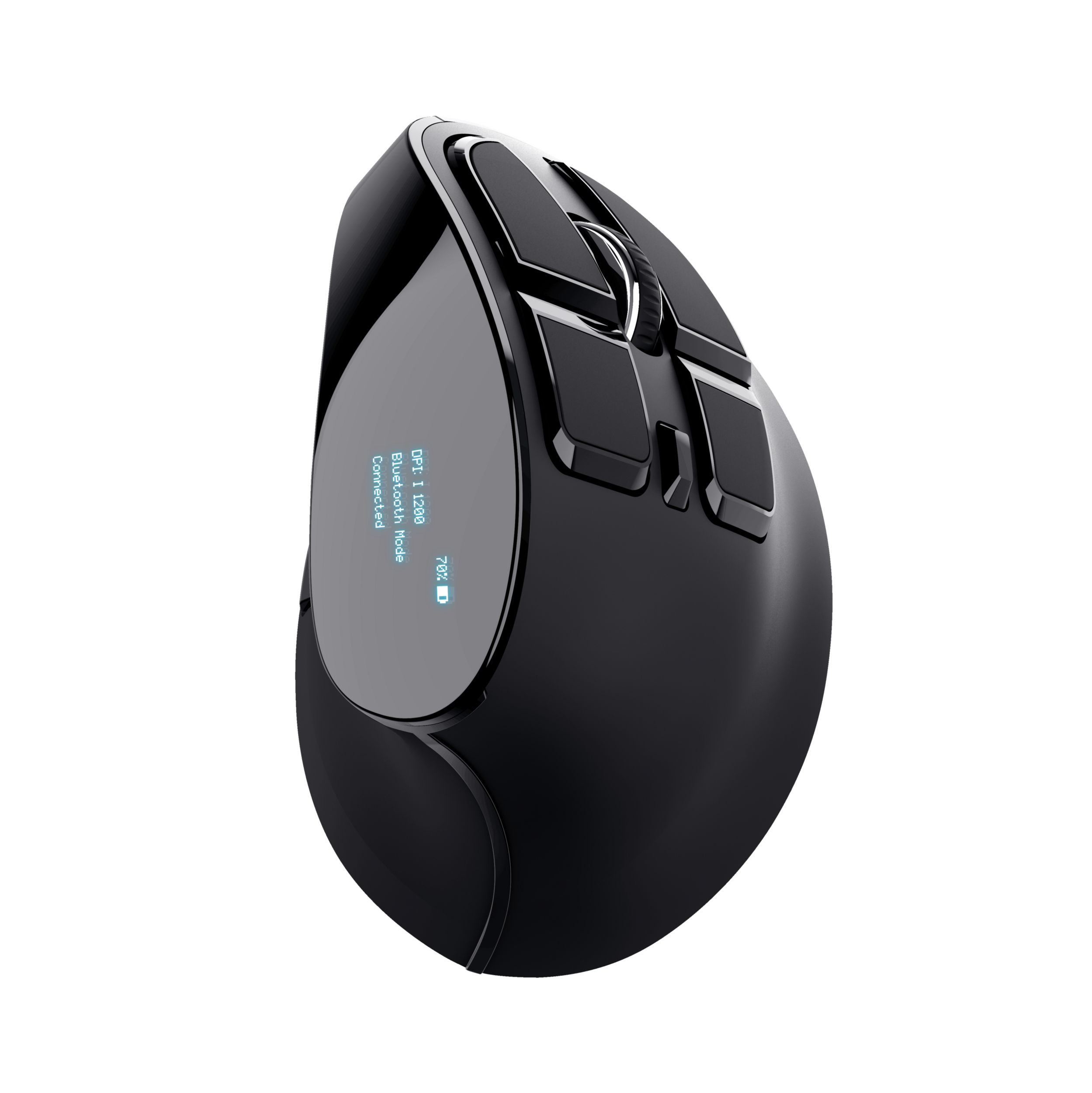 Czarna mysz z ekranem pokazującym DPI, tryb Bluetooth i procent baterii. Przyciski boczne.