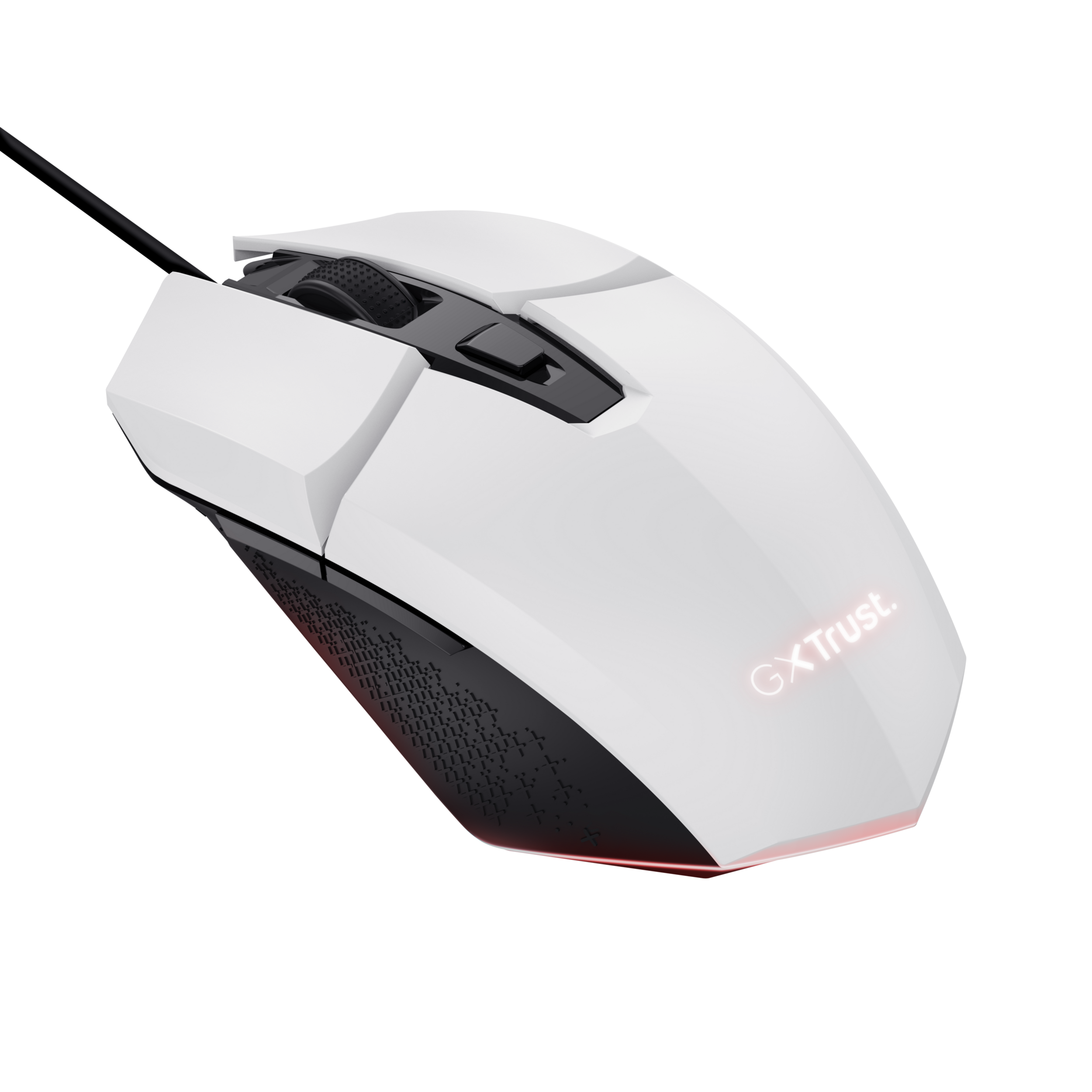Biała mysz do gier z czarną podstawą i czerwonym światłem. Logo GXTrust jest widoczne.