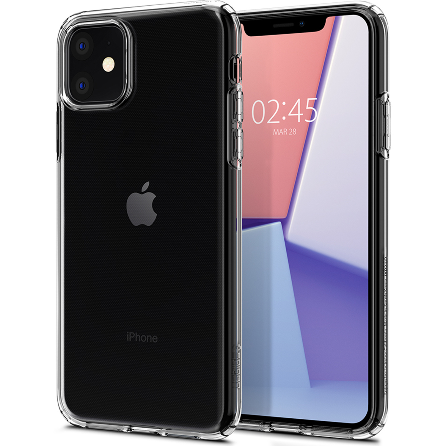 iPhone nero con display astratto rosa e blu. Custodia nera. Sfondo bianco.
