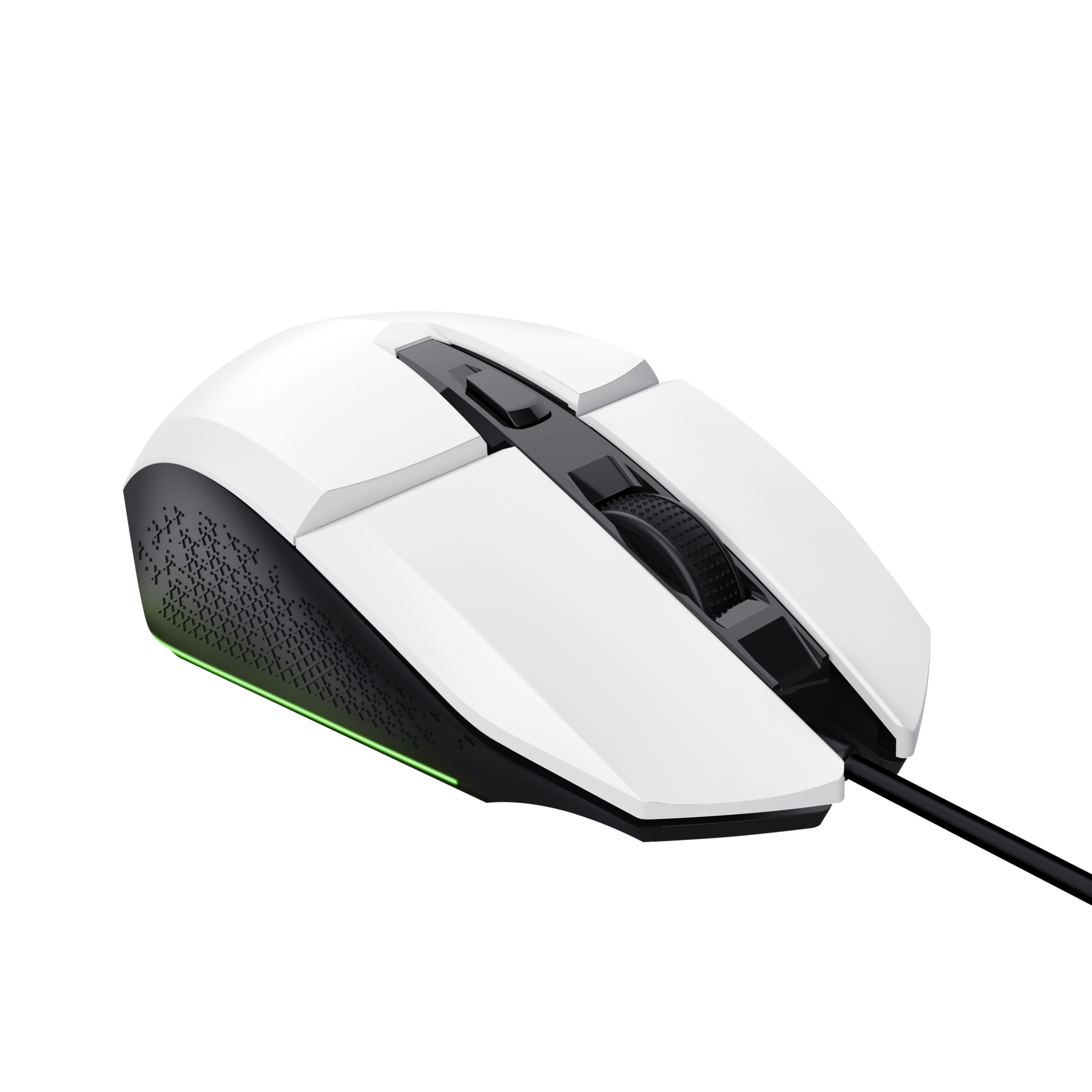 Biała i czarna mysz gamingowa, widok pod kątem, z zielonym paskiem świetlnym z boku.