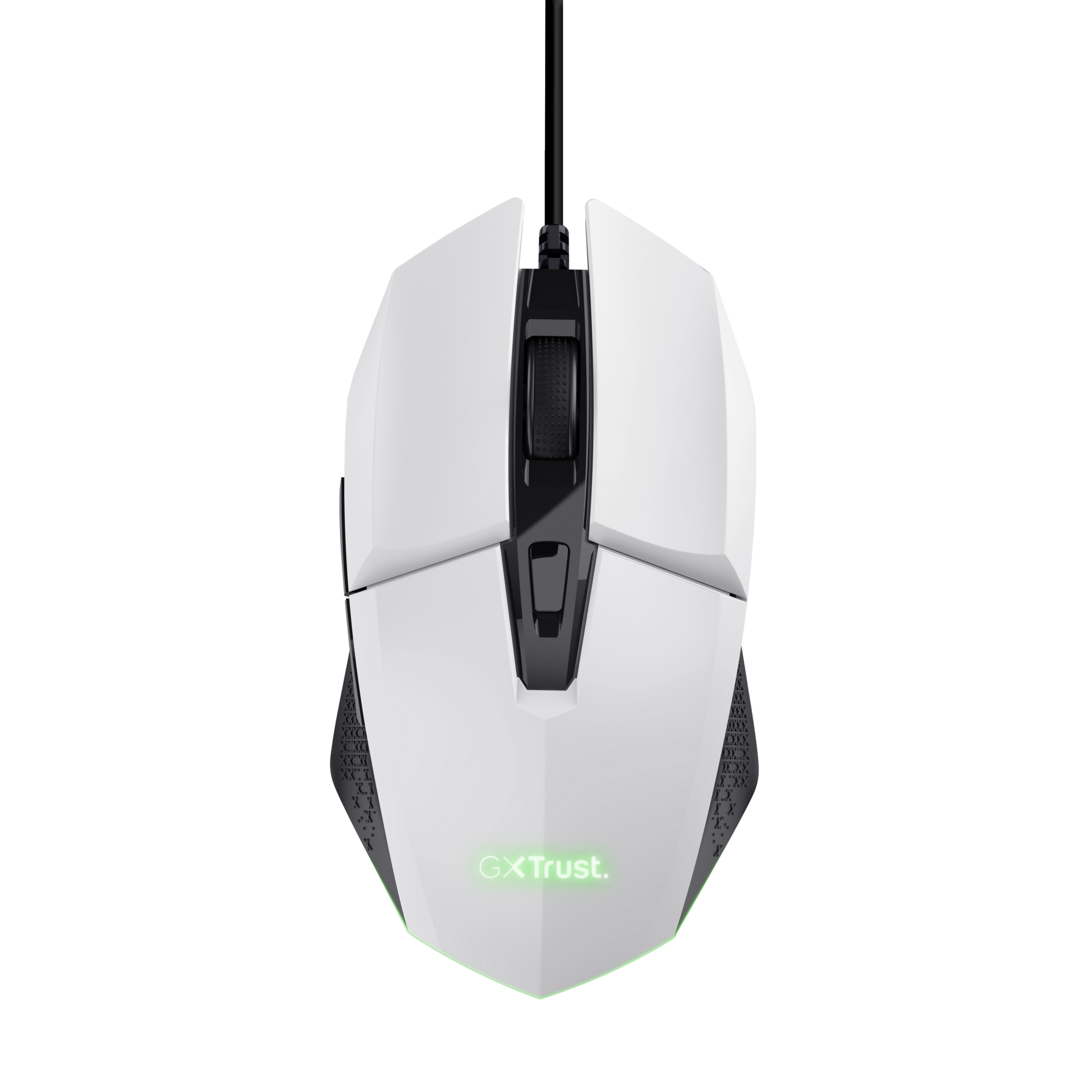 Biała mysz gamingowa z czarnymi akcentami. Logo Trust jest widoczne na spodzie.